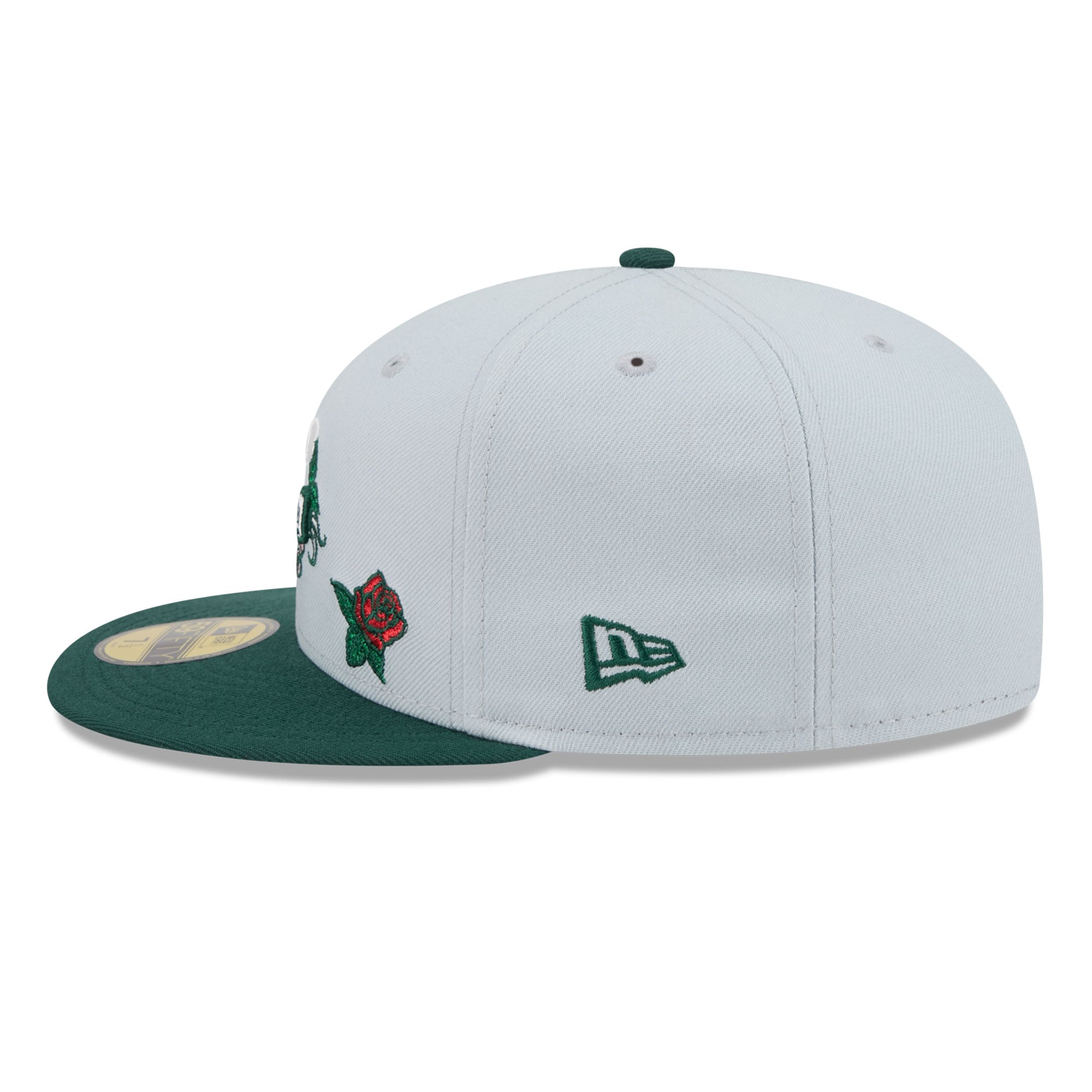 Casquette ajustée New Era 59FIFTY pour homme, grise et verte, Philadelphia 76ers, motif rose.