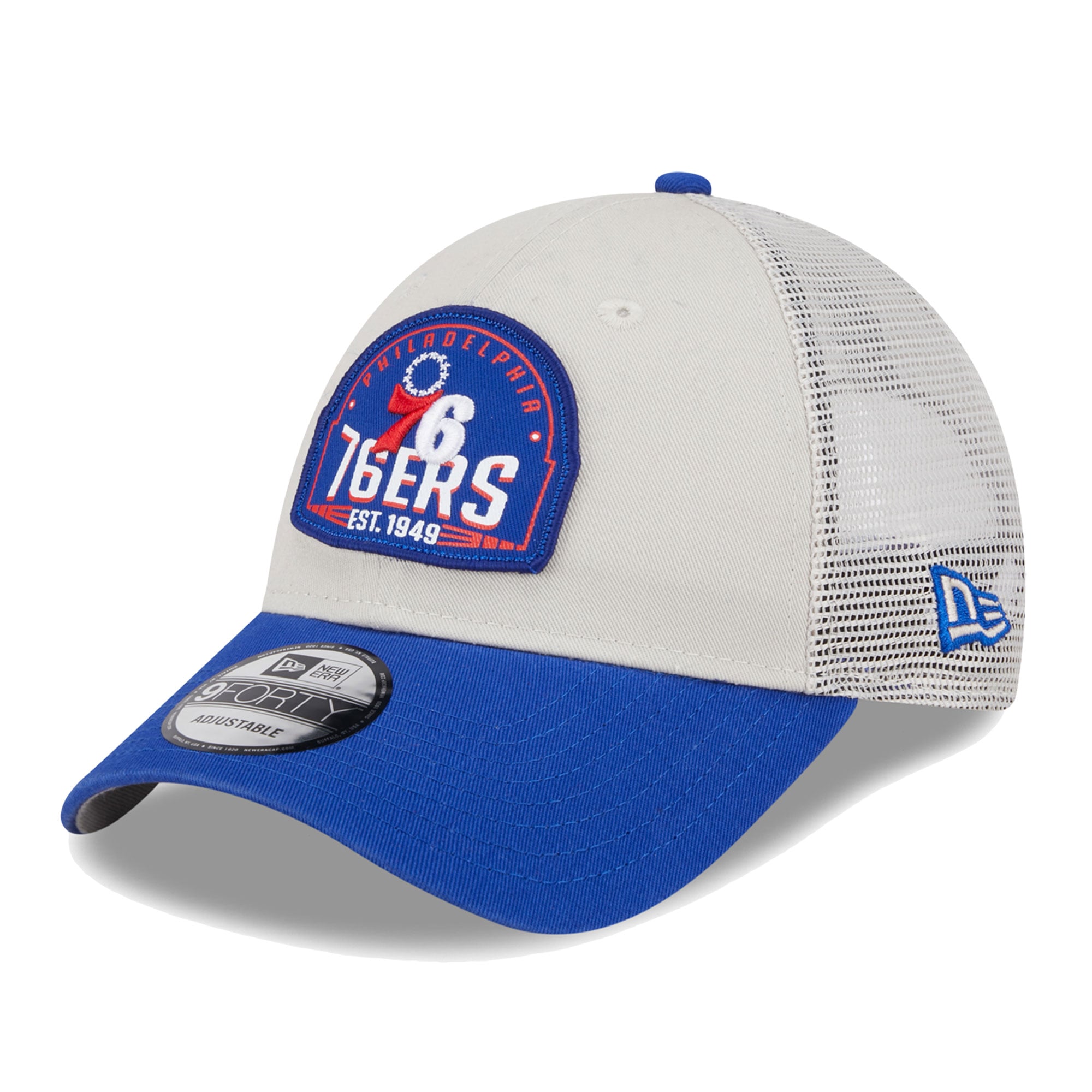 Men's Philadelphia 76ers New Era Khaki/Royal Throwback Patch Trucker 9FORTY Adjustable Hat