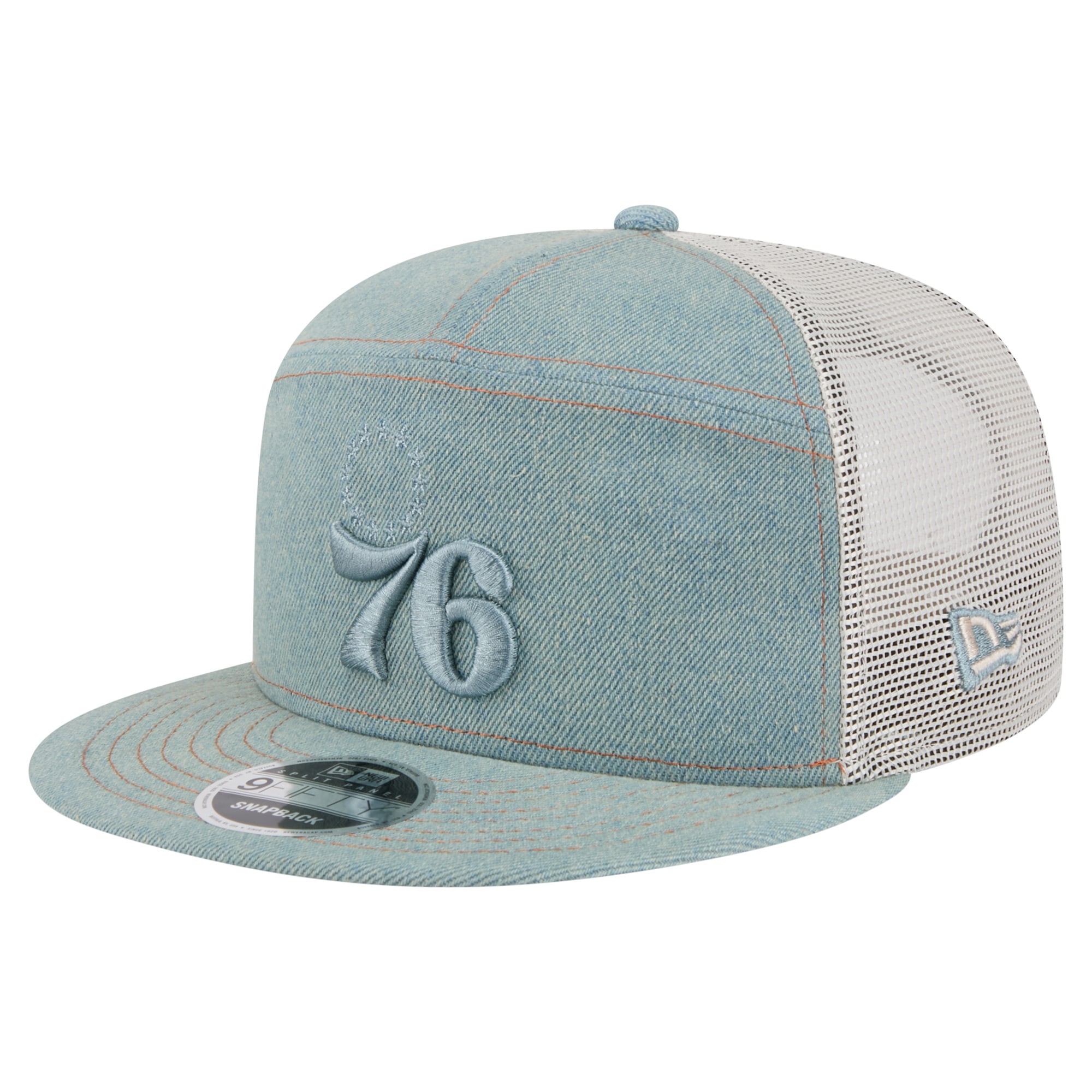 Men's Philadelphia 76ers New Era Adventure Denim Split Panel 9FIFTY Snapback Trucker Hat