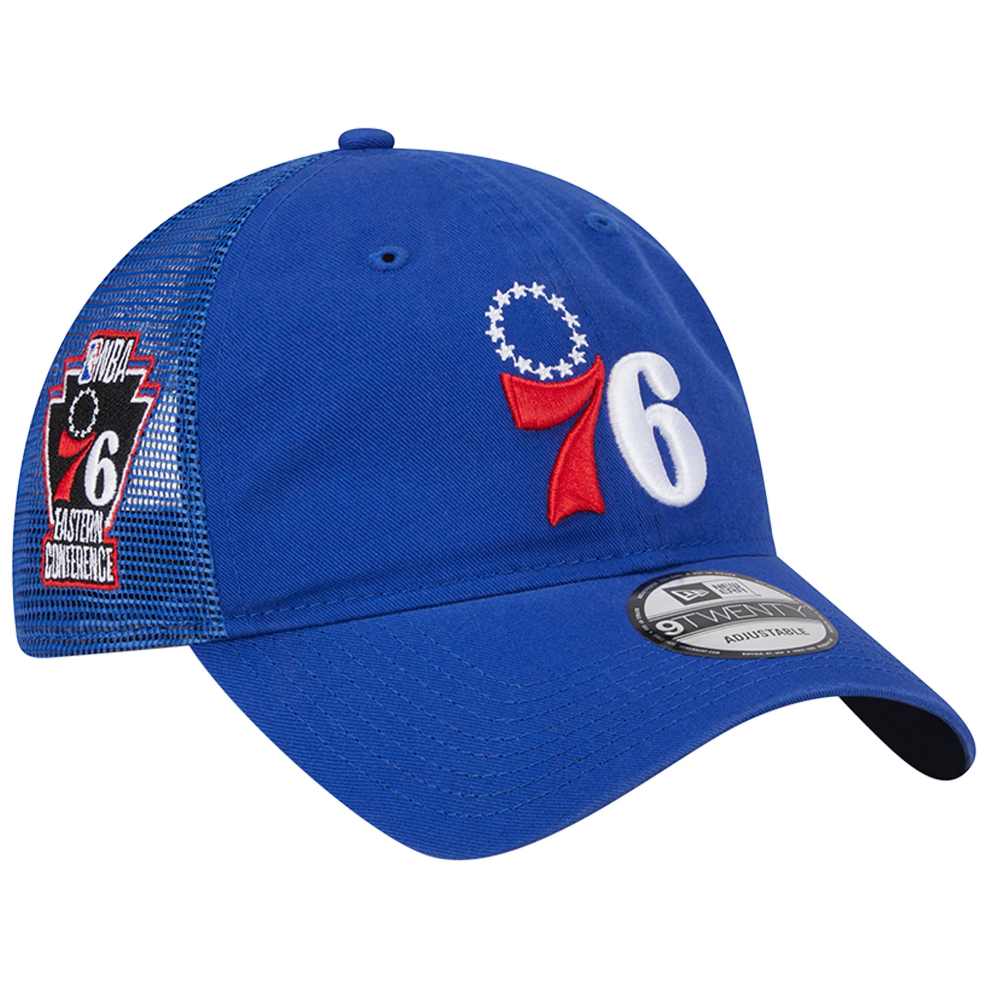 Men's Philadelphia 76ers New Era Royal Distinct Side Patch Trucker 9TWENTY Adjustable Hat