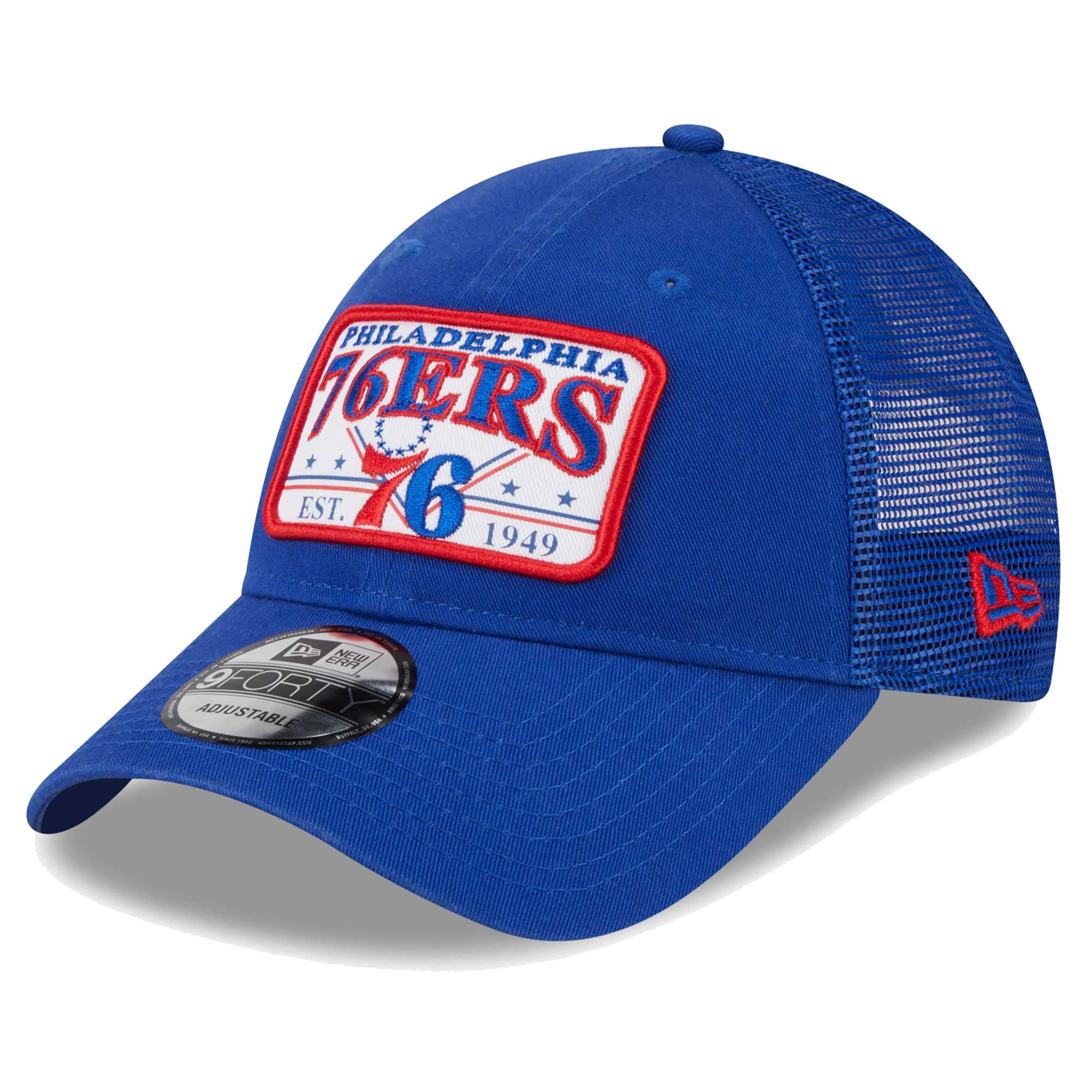 Men's New Era Royal Philadelphia 76ers Plate Oversized Patch Trucker 9FORTY Adjustable Hat