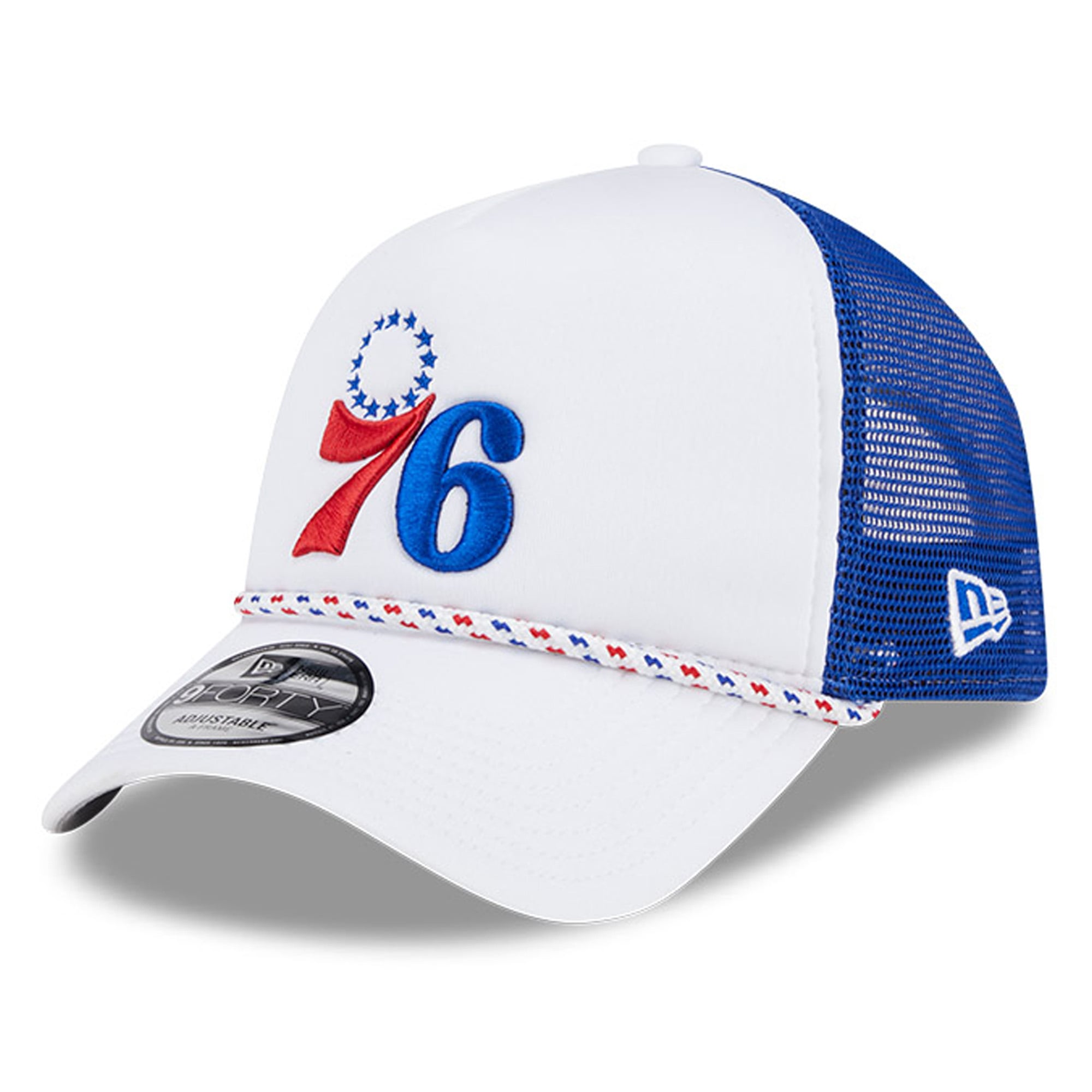 Men's Philadelphia 76ers New Era White/Royal Court Sport Foam A-Frame 9FORTY Adjustable Trucker Hat