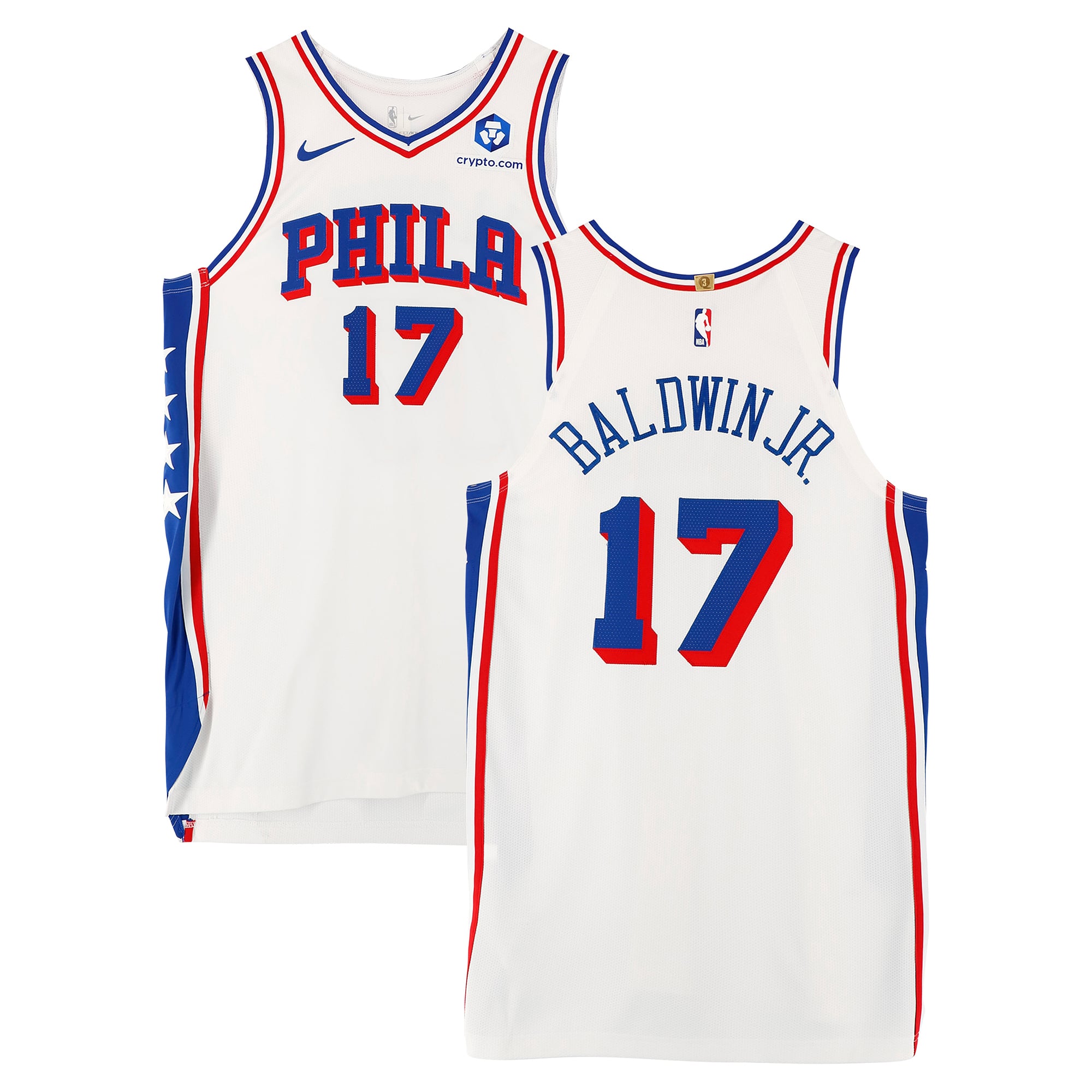 Maillot blanc n° 17 des Philadelphia 76ers, porté par Patrick Baldwin Jr. lors de la saison NBA 2025-2026 - Taille 50+4