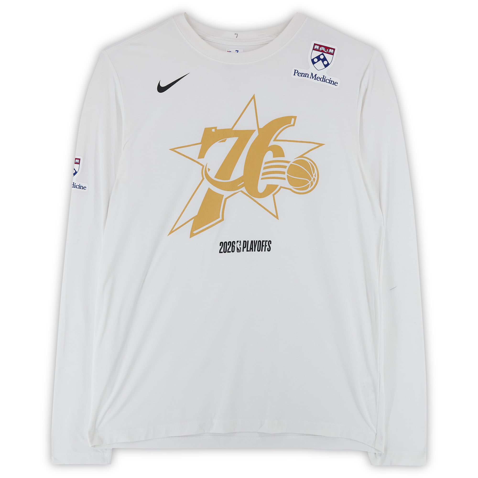 Maillot blanc à manches longues Nike officiel des Philadelphia 76ers pour les séries éliminatoires de la NBA 2026