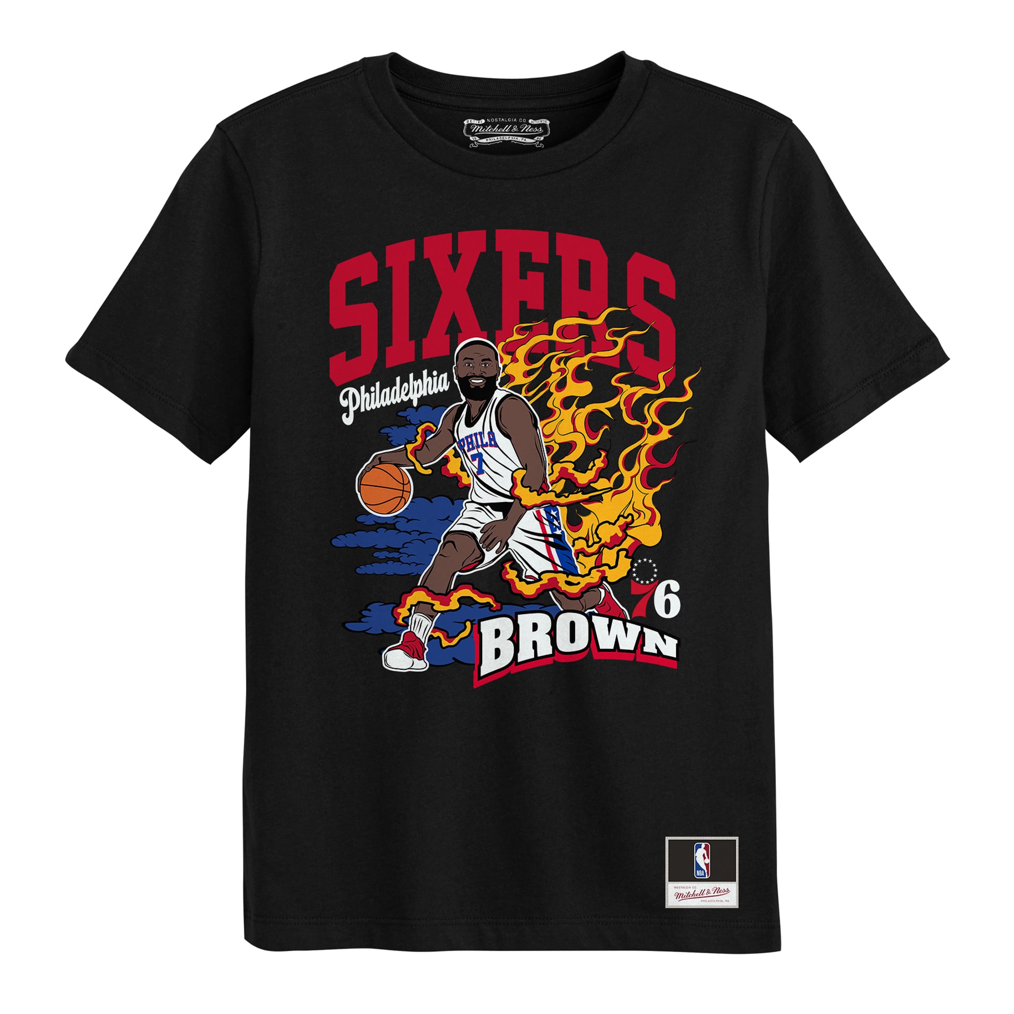 T-shirt Mitchell & Ness Jaylen Brown noir Philadelphia 76ers Fired Up pour enfants d'âge préscolaire