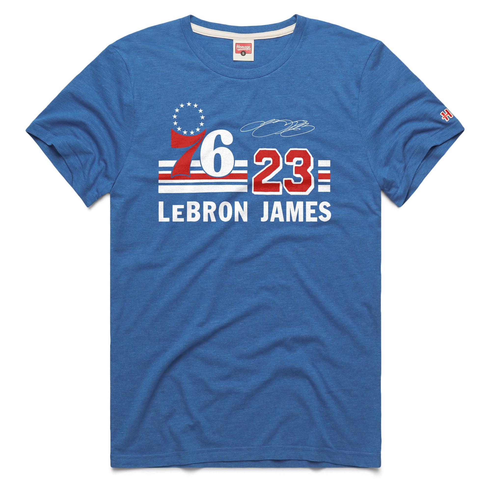 T-shirt unisexe bleu hommage à LeBron James, Philadelphia 76ers, en mélange de trois matières.