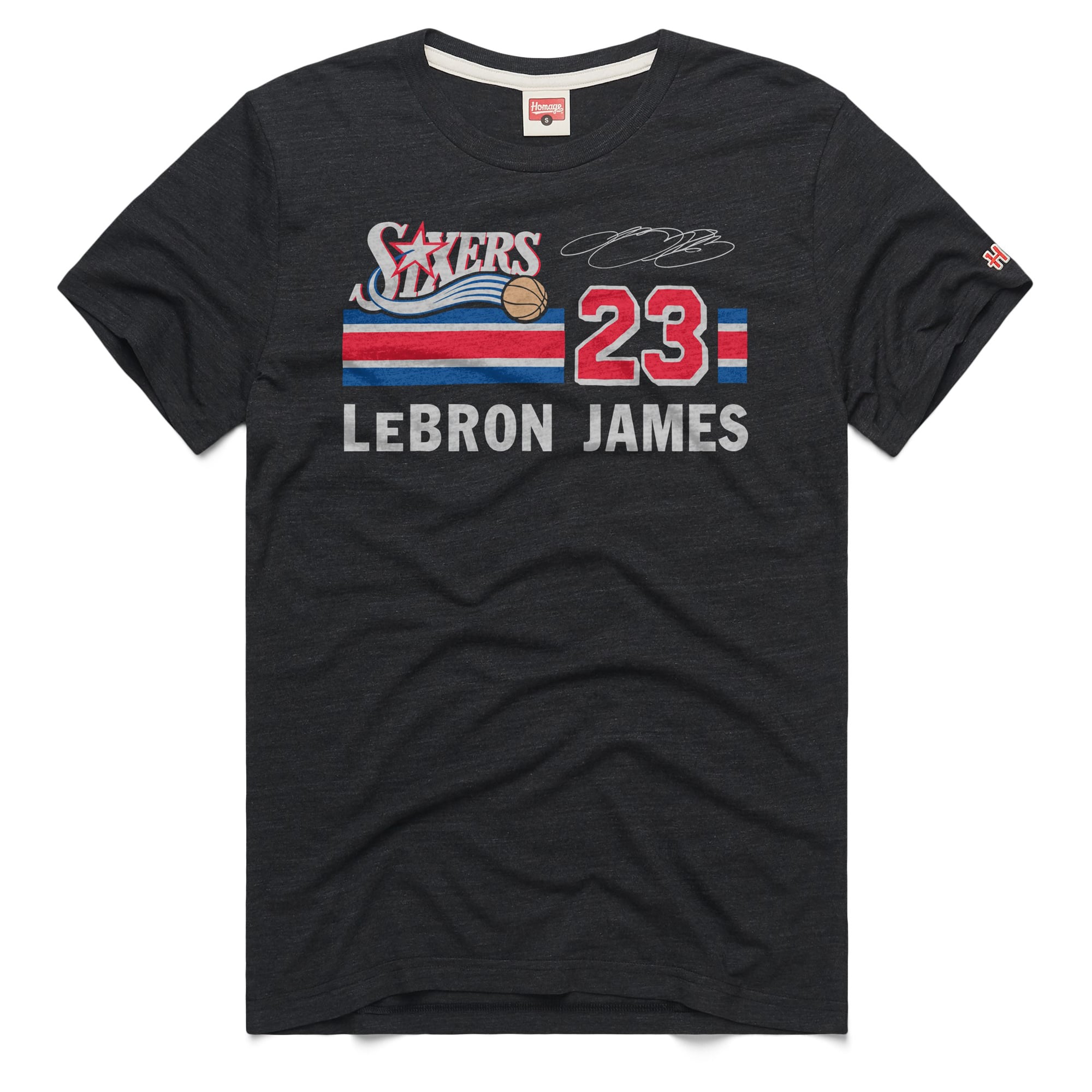 T-shirt unisexe hommage à LeBron James, couleur anthracite, Philadelphia 76ers, style rétro, en mélange de trois matières.