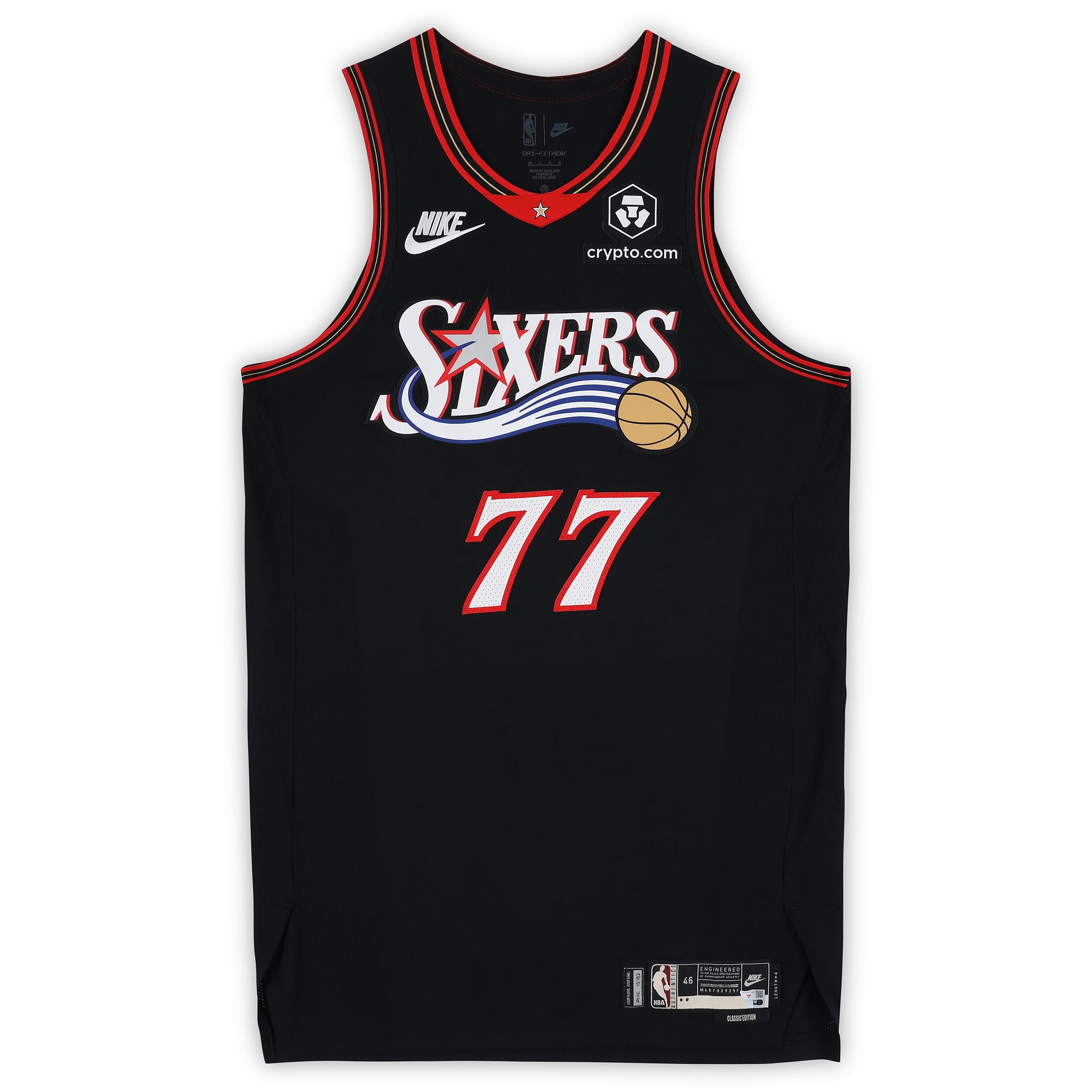 Maillot Hardwood Classic noir porté par VJ Edgecombe (Philadelphia 76ers) lors du match contre les Milwaukee Bucks le 12 avril 2026 - Taille 46+4