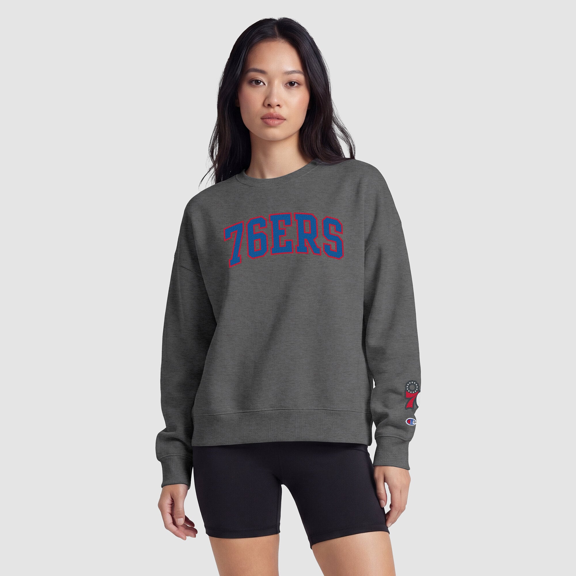 Women's Champion  Heather Gray Philadelphia 76ers Contrast Crewneck Sweatshirt