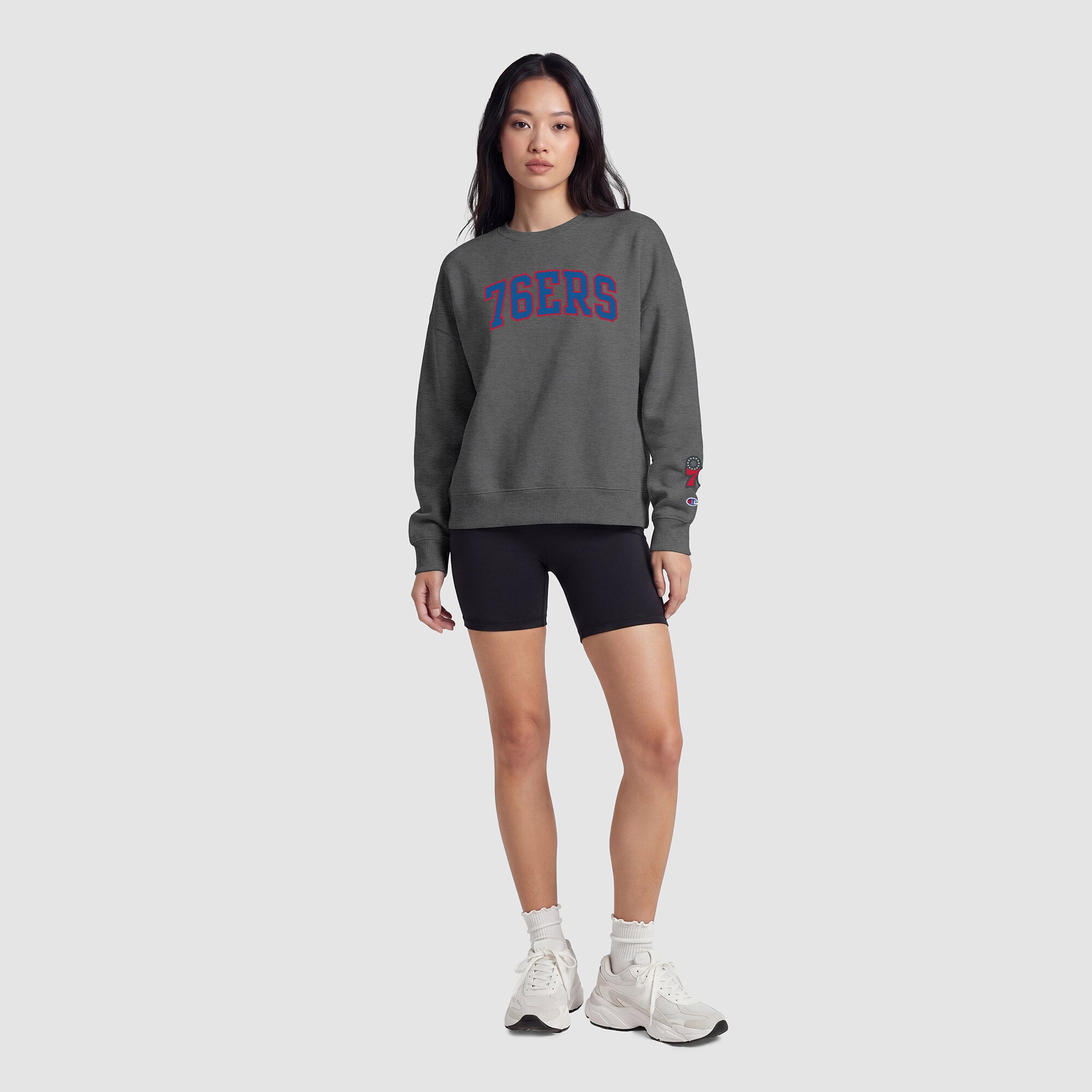 Women's Champion  Heather Gray Philadelphia 76ers Contrast Crewneck Sweatshirt