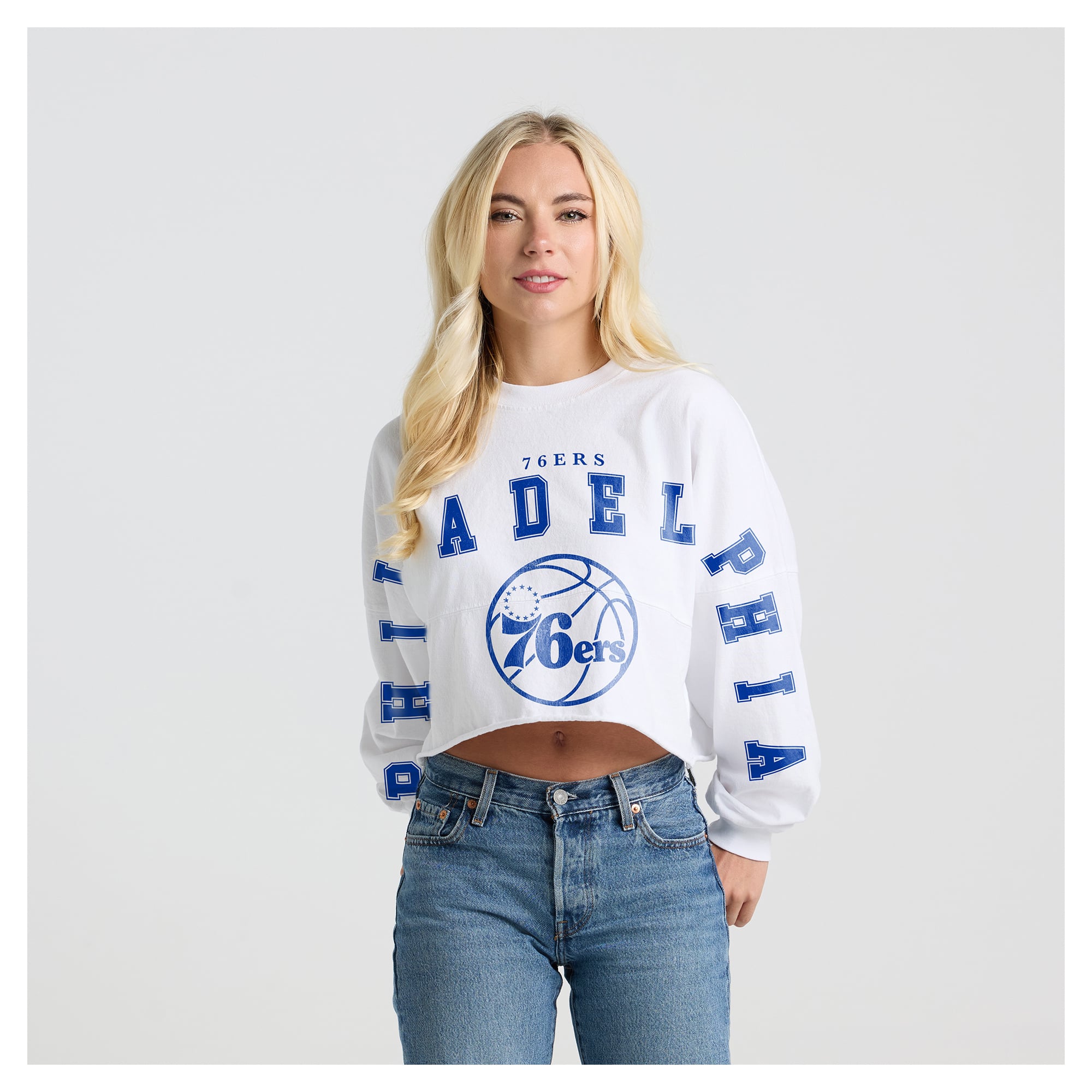 Women's Fanatics White Philadelphia 76ers Spirit Jersey Cropped Crew Neck Sweatshirt