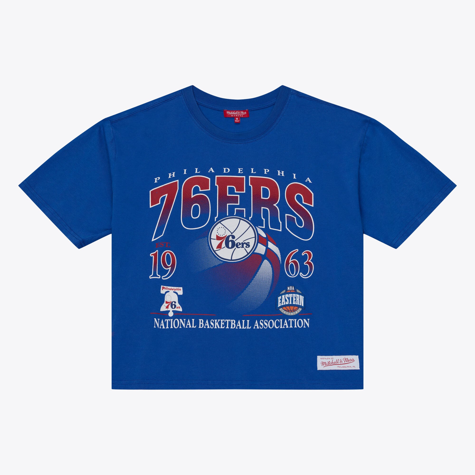 T-shirt court à imprimé graphique Mitchell & Ness Royal Philadelphia 76ers pour femme
