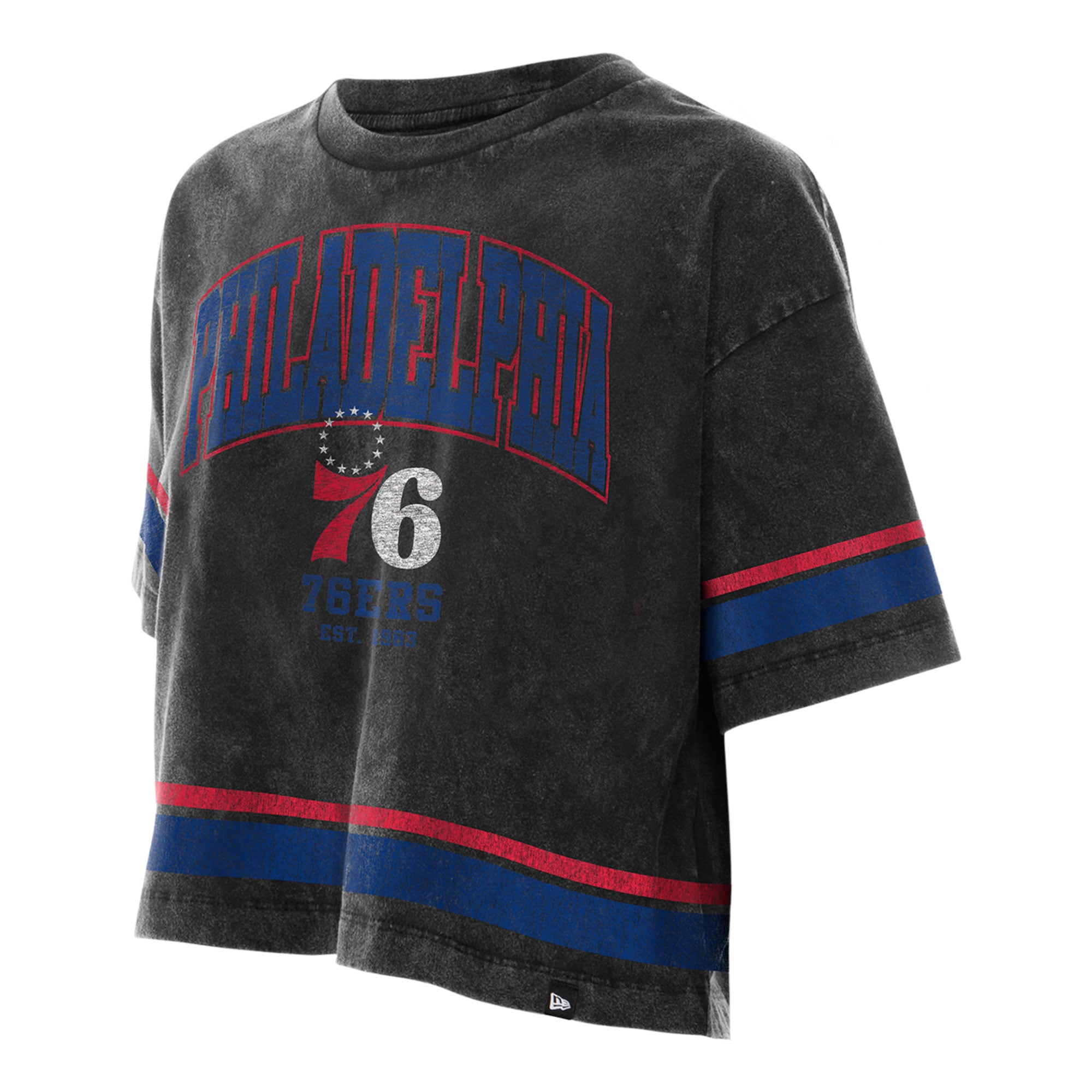 T-shirt court New Era noir Philadelphia 76ers pour femme, coupe carrée, délavage minéral