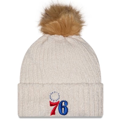 Philadelphia 76ers New Era Women's Chrome Cuff Knit Hat with Pom - Cream