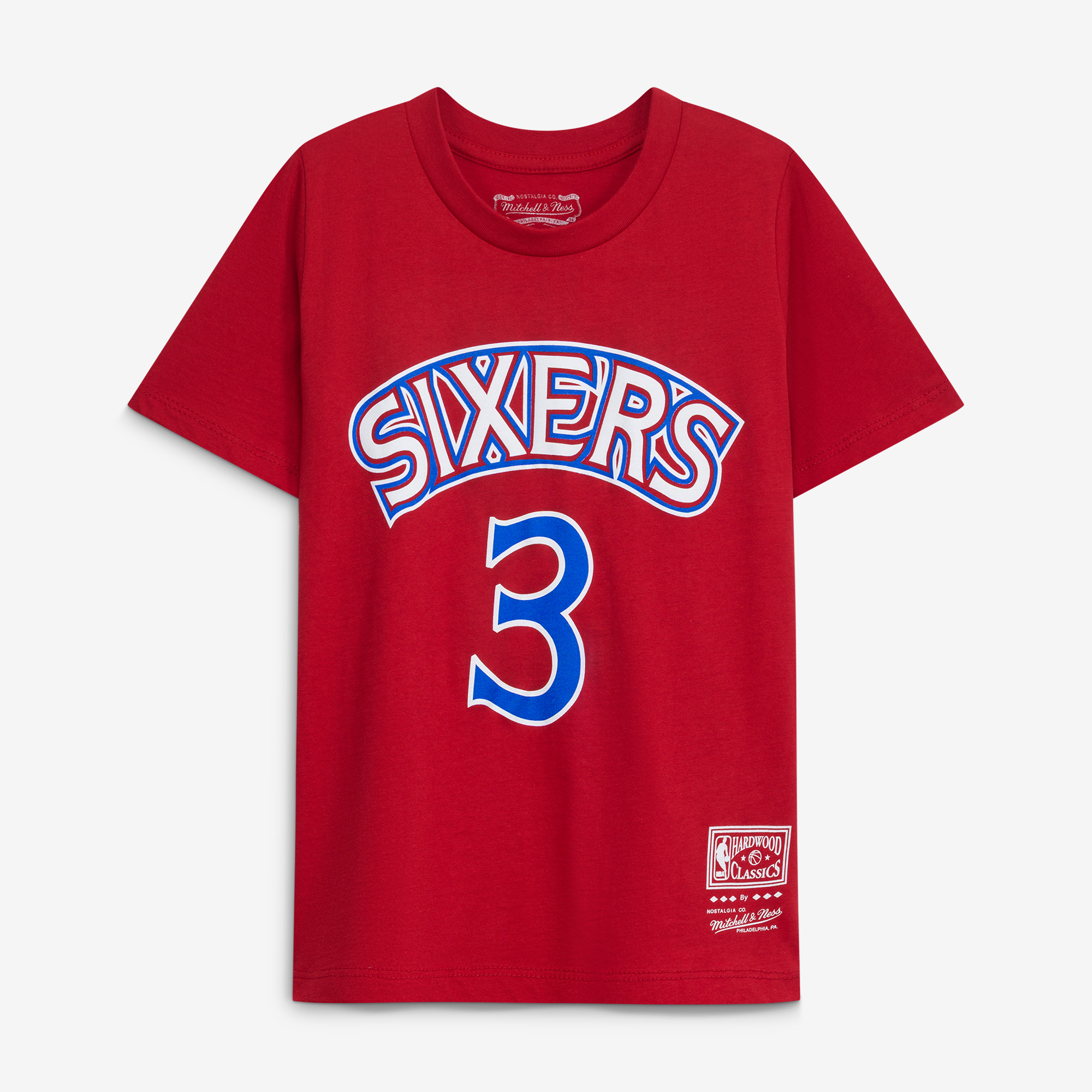 T-shirt Allen Iverson rouge Philadelphia 76ers Hardwood Classics pour jeunes, nom et numéro