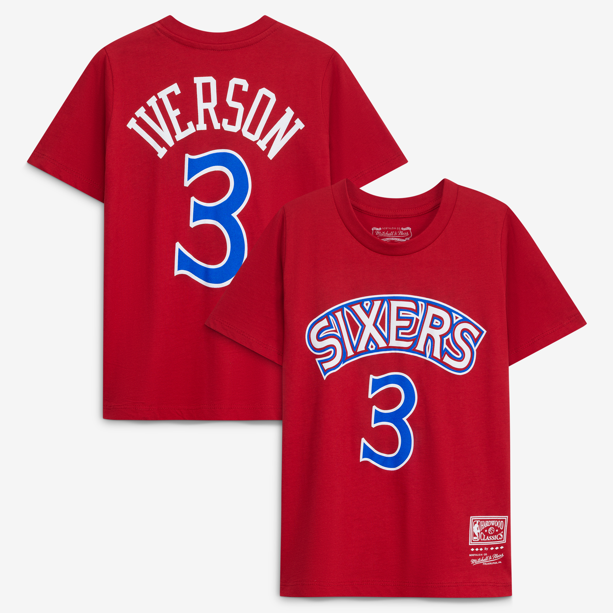 T-shirt Allen Iverson rouge Philadelphia 76ers Hardwood Classics pour jeunes, nom et numéro