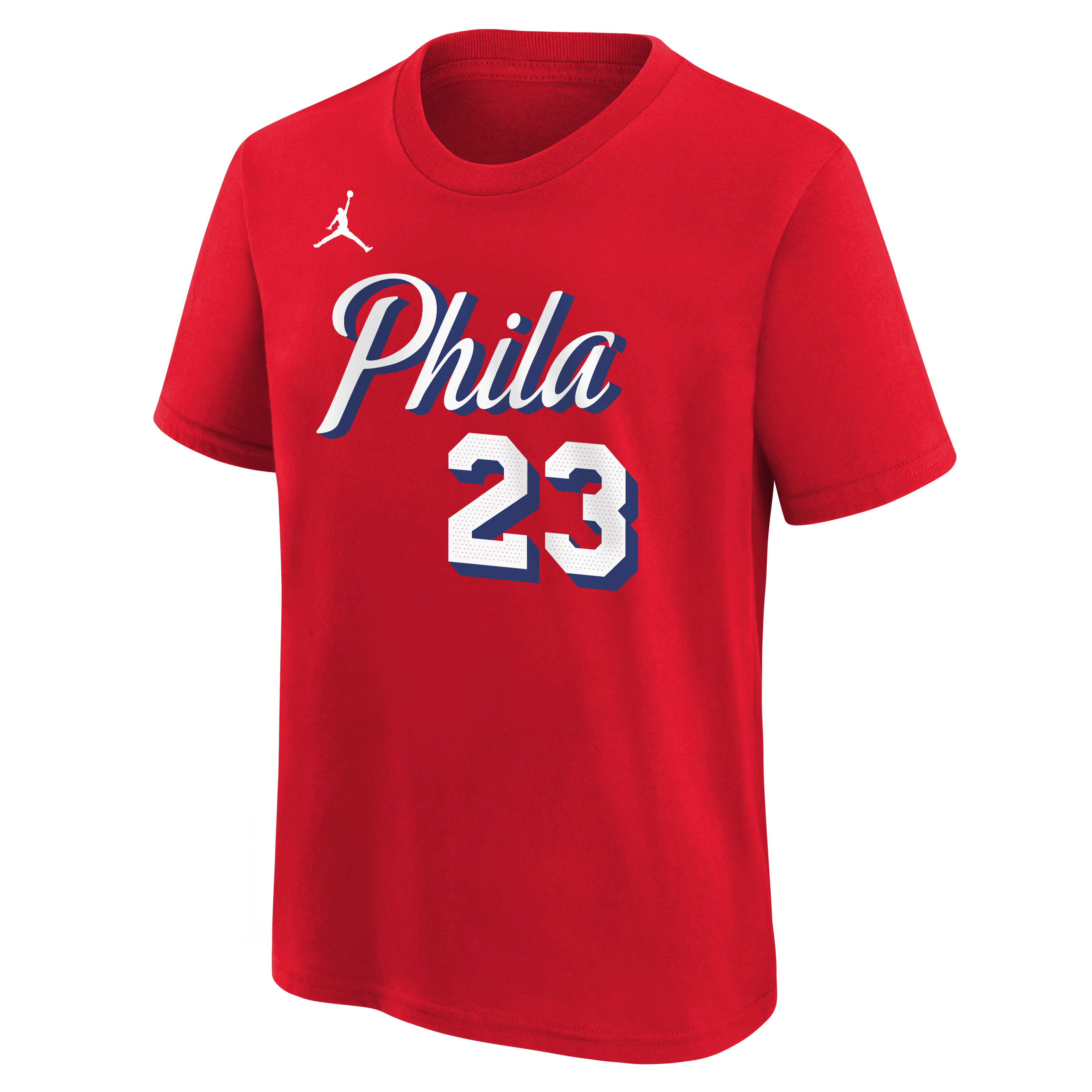 T-shirt Jordan Brand LeBron James rouge Philadelphia 76ers pour enfant, avec nom et numéro.