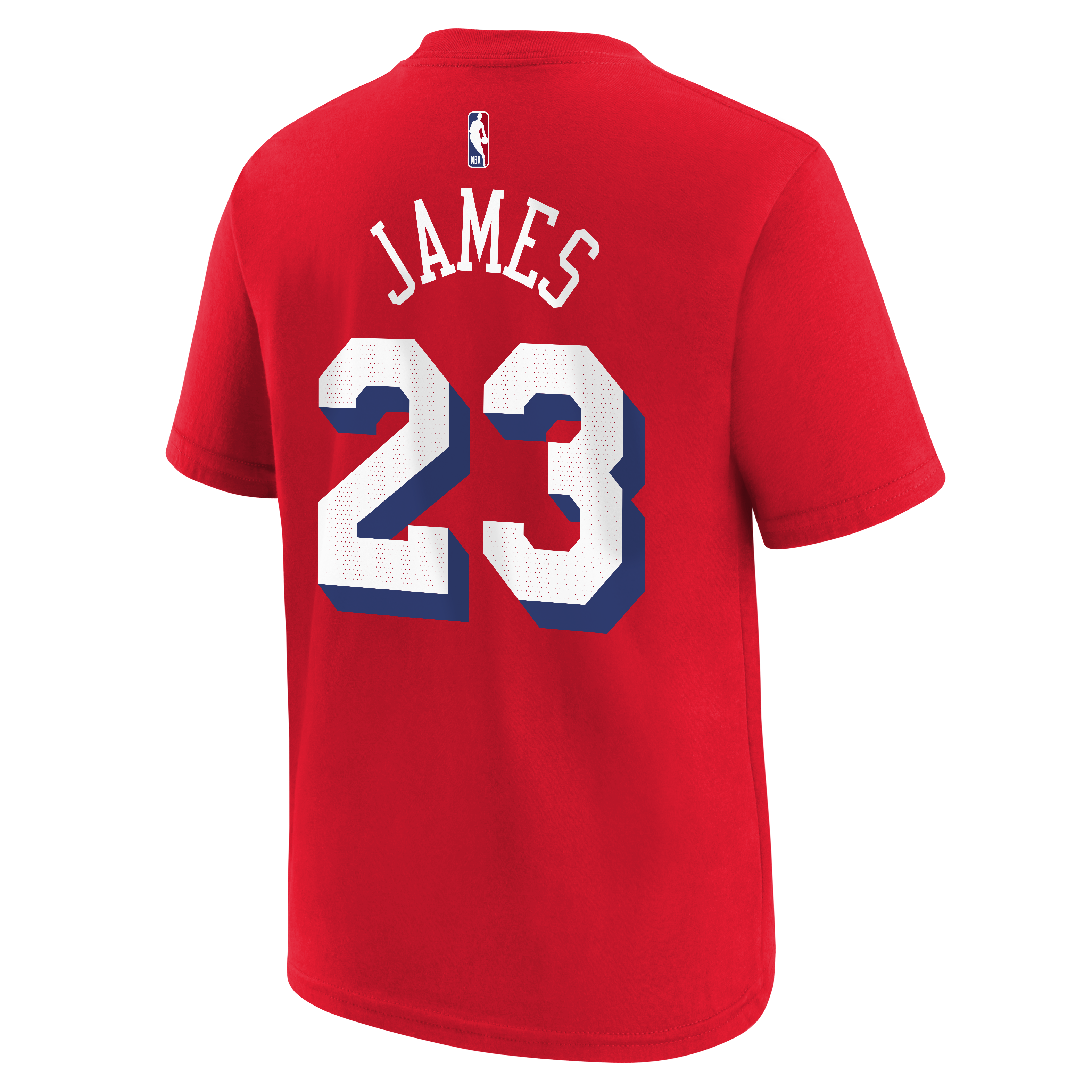 T-shirt Jordan Brand LeBron James rouge Philadelphia 76ers pour enfant, avec nom et numéro.