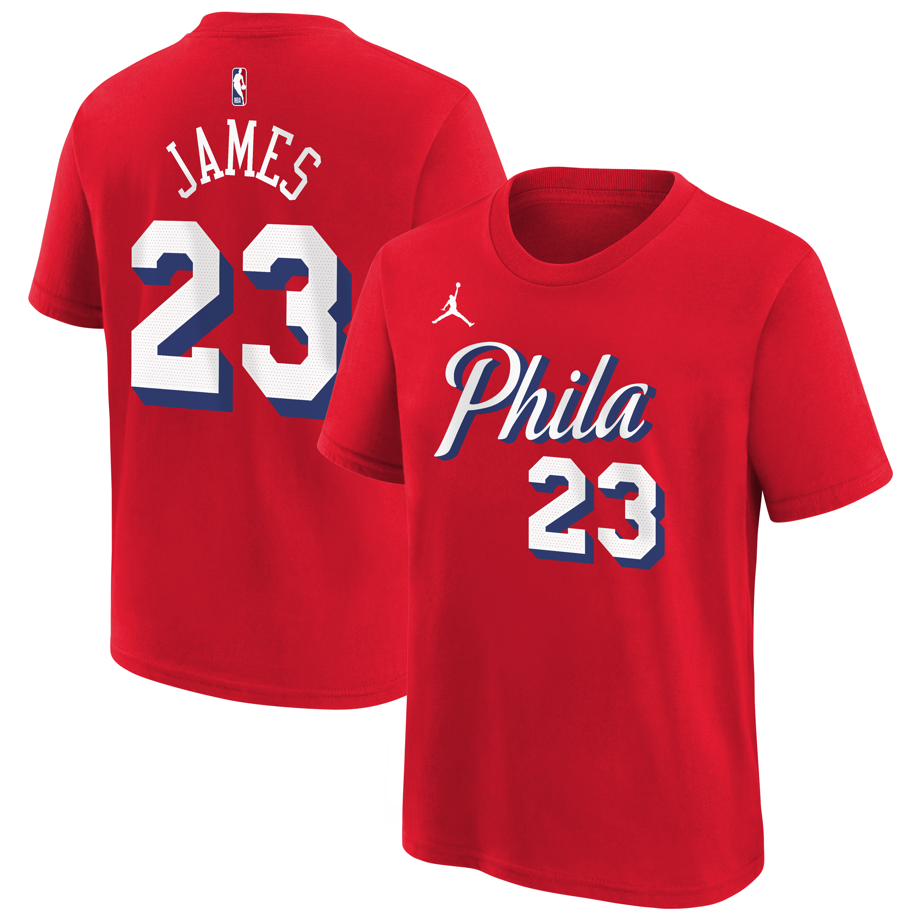 T-shirt Jordan Brand LeBron James rouge Philadelphia 76ers pour enfant, avec nom et numéro.