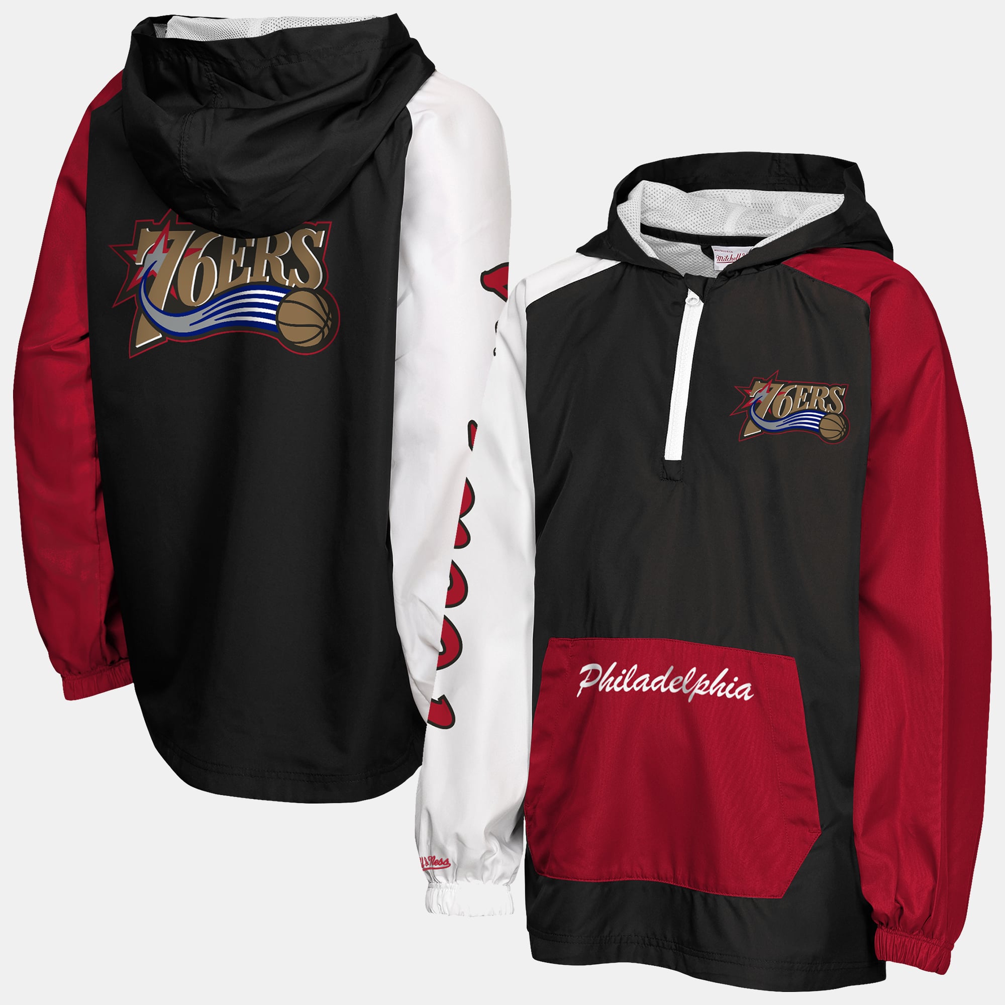 Coupe-vent anorak Mitchell & Ness noir pour jeunes, éditions éliminatoires des Philadelphia 76ers, à fermeture éclair quart de tour