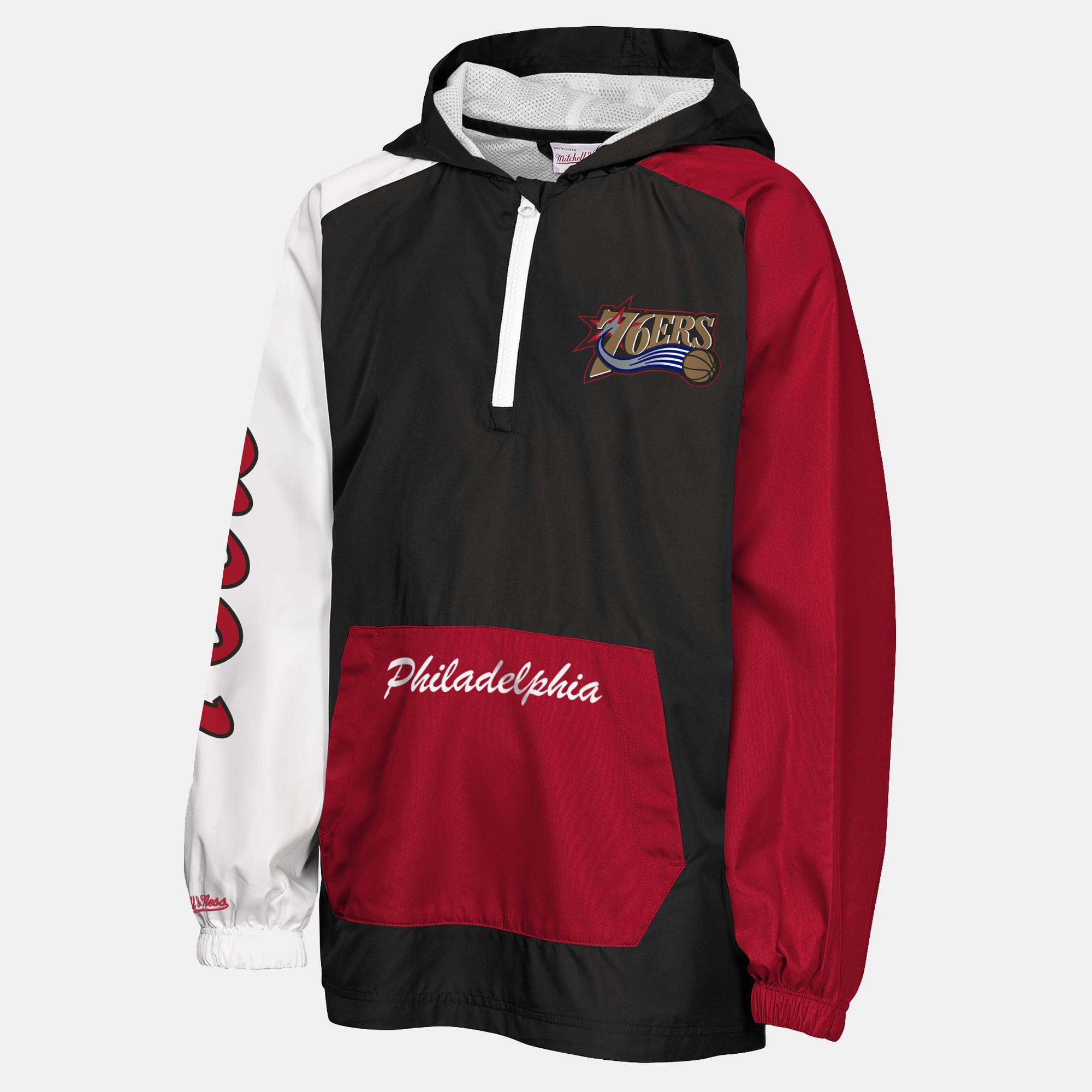 Coupe-vent anorak Mitchell & Ness noir pour jeunes, éditions éliminatoires des Philadelphia 76ers, à fermeture éclair quart de tour