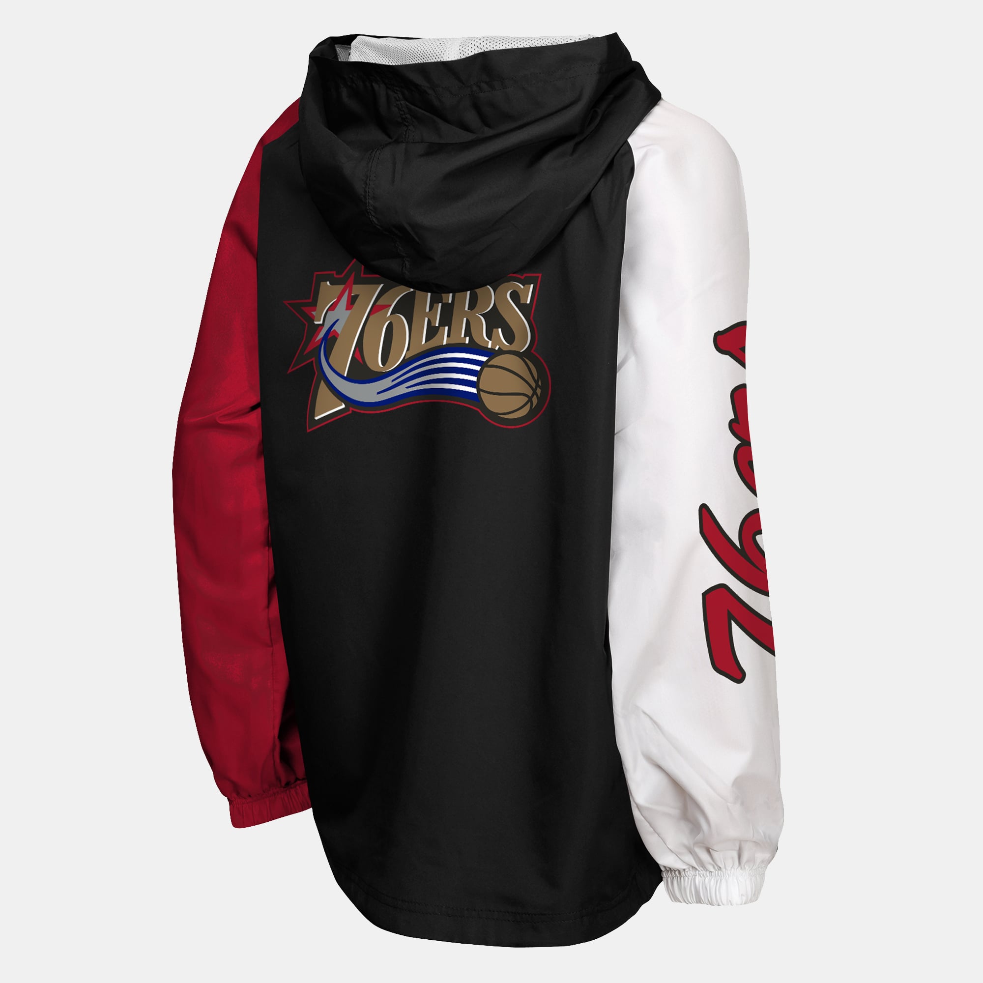 Coupe-vent anorak Mitchell & Ness noir pour jeunes, éditions éliminatoires des Philadelphia 76ers, à fermeture éclair quart de tour