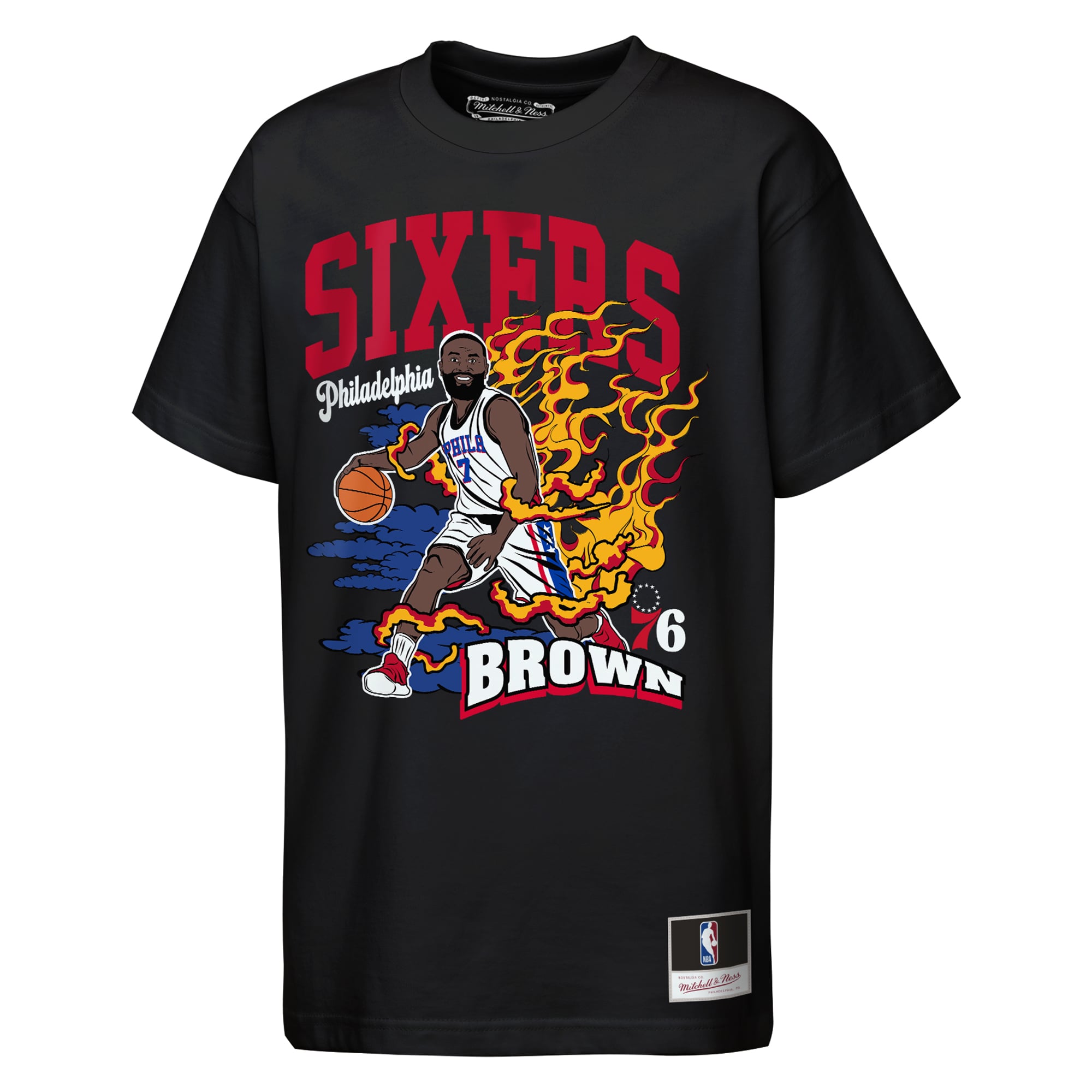 T-shirt Mitchell & Ness Jaylen Brown noir Philadelphia 76ers Fired Up pour enfant