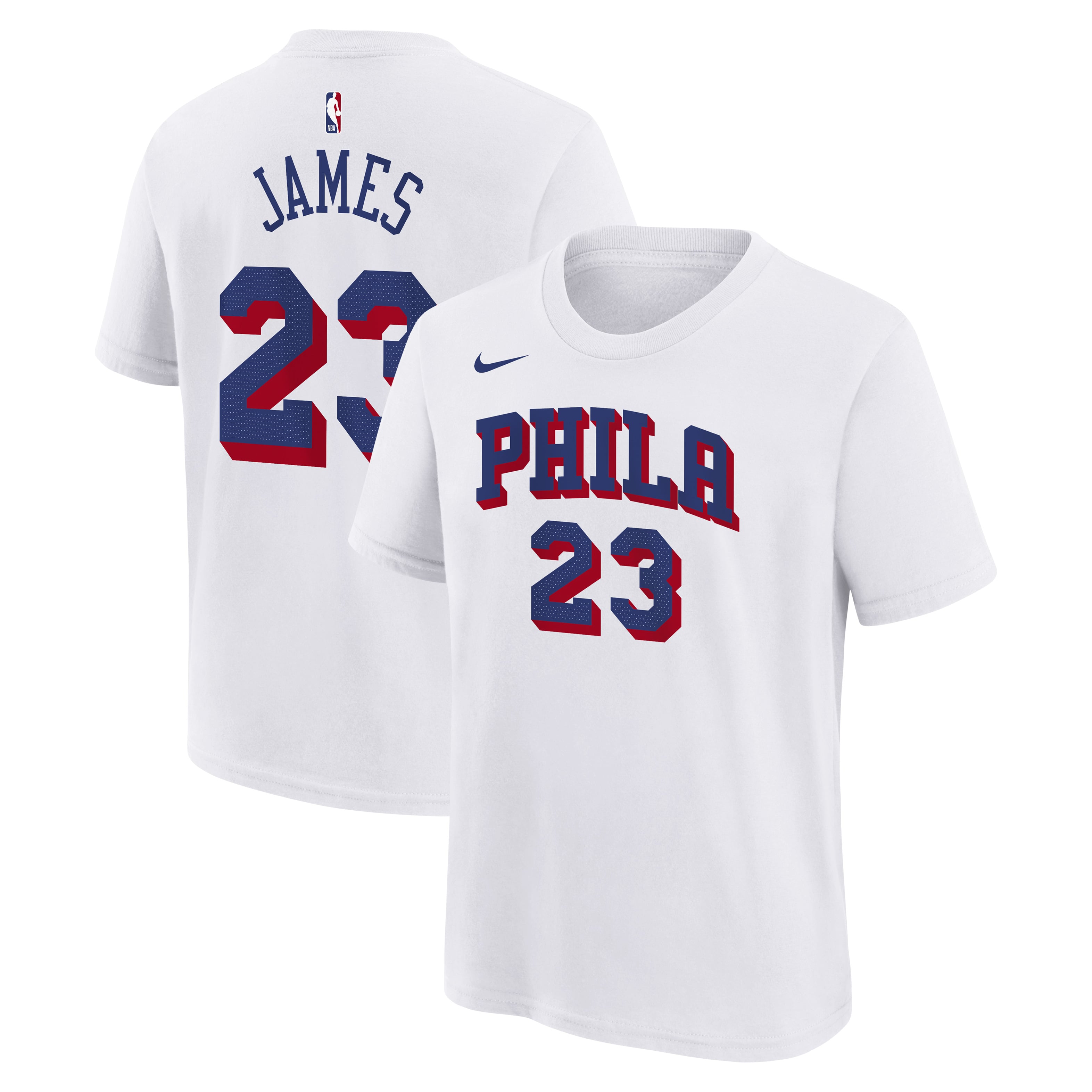 T-shirt Nike LeBron James blanc Philadelphia 76ers pour enfant, nom et numéro.