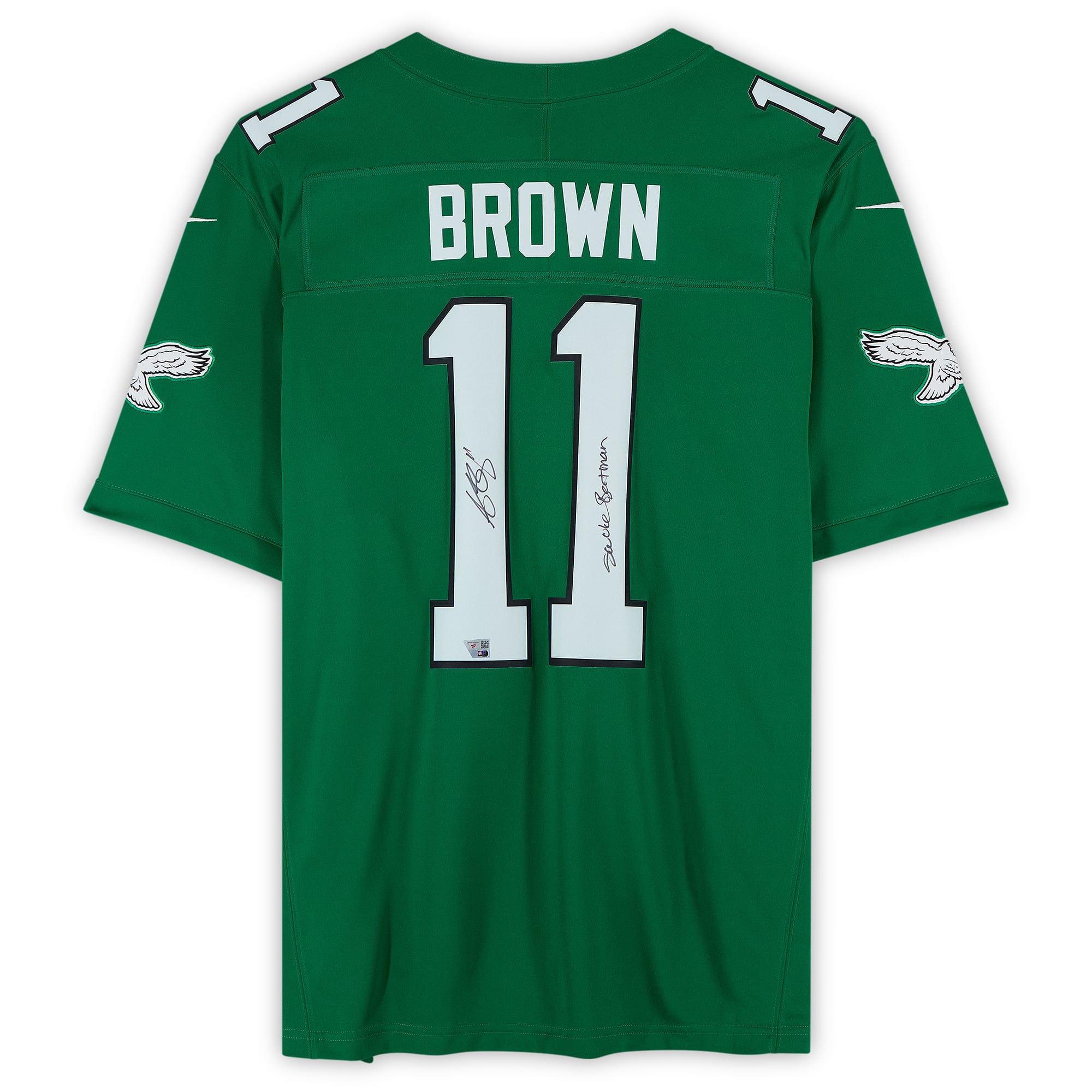 Maillot Nike Vapor Fuse Limited vert Kelly, autographié par A.J. Brown des Eagles de Philadelphie, avec inscription « Swole Batman ».