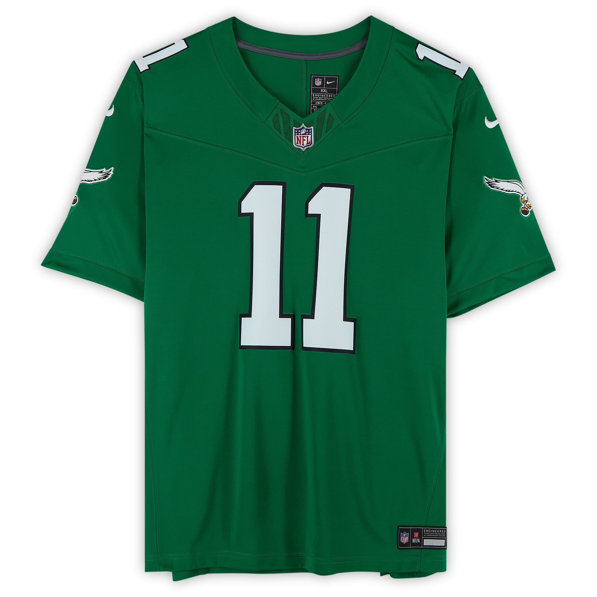 Maillot Nike Vapor Fuse Limited vert Kelly, autographié par A.J. Brown des Eagles de Philadelphie, avec inscription « Swole Batman ».