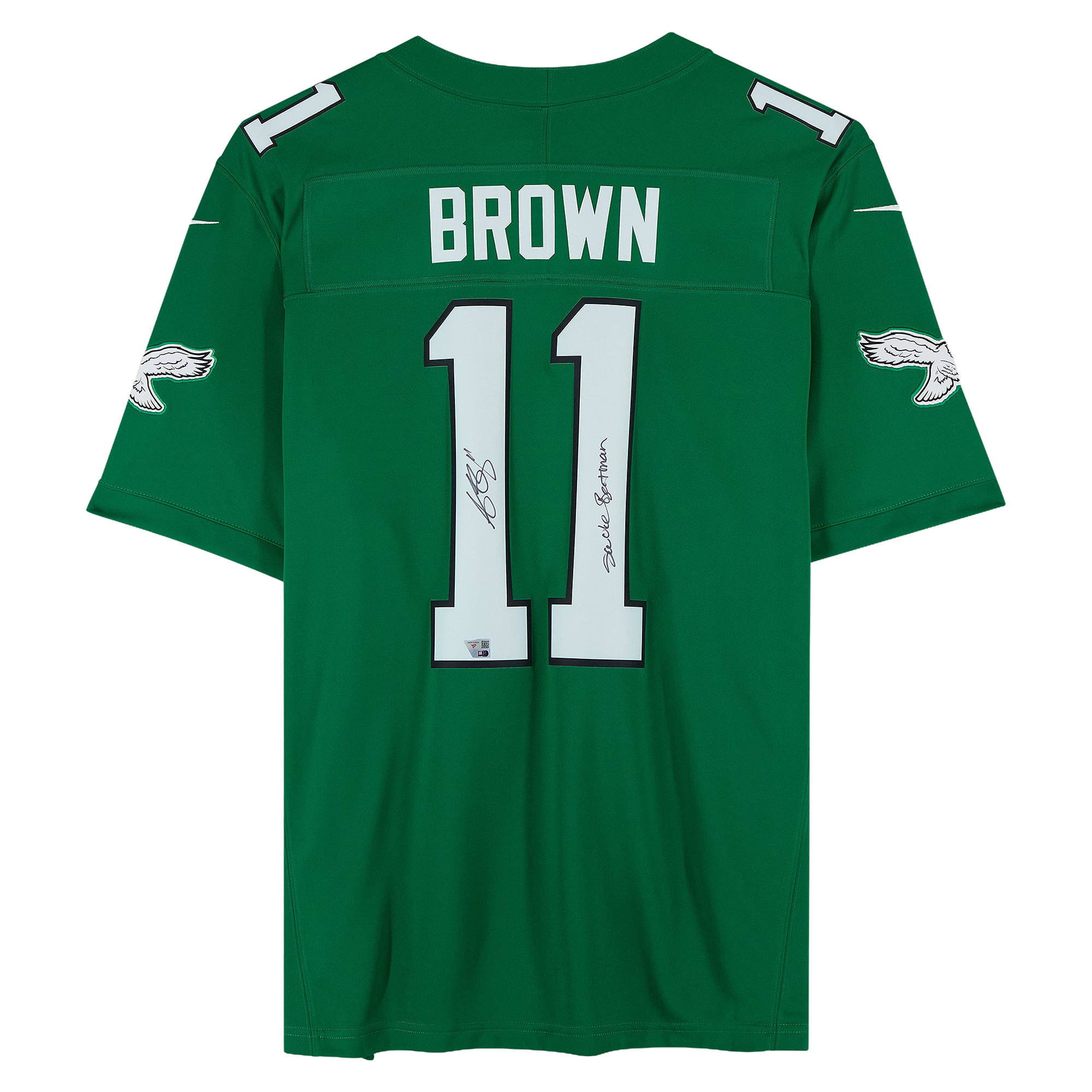 Maillot Nike Vapor Fuse Limited vert Kelly, autographié par A.J. Brown des Eagles de Philadelphie, avec inscription « Swole Batman ».