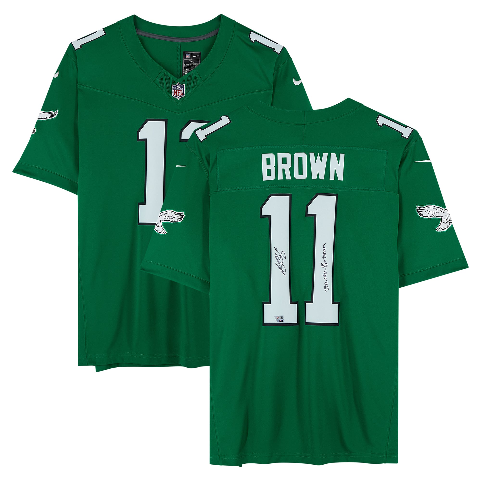 Maillot Nike Vapor Fuse Limited vert Kelly, autographié par A.J. Brown des Eagles de Philadelphie, avec inscription « Swole Batman ».
