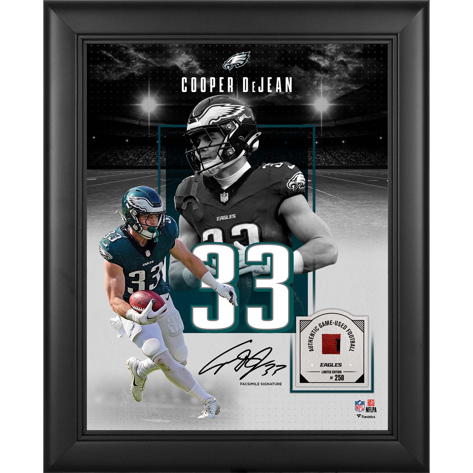 Cooper DeJean Philadelphia Eagles Facsimile Signature Framed 11" x 14" Showcase Collage with a Piece of Game-Used Football - Limited Edition of 250
