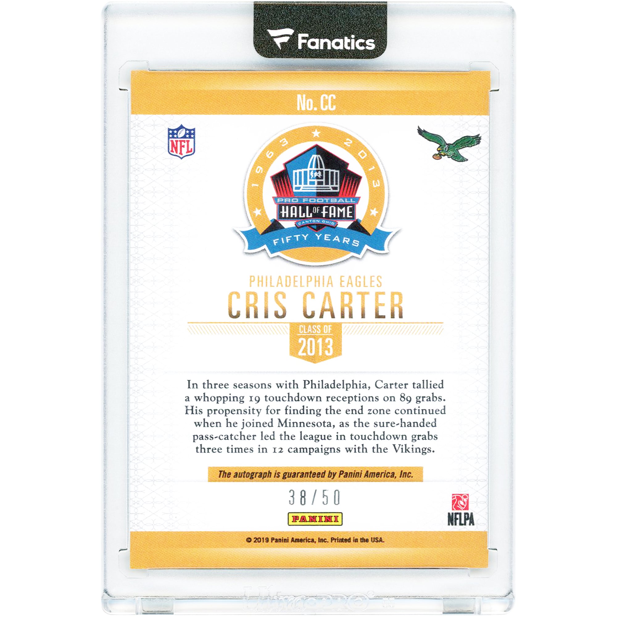 Carte autographiée Cris Carter Philadelphia Eagles 2019 Panini Hall of Fame '13 #CC #38/50