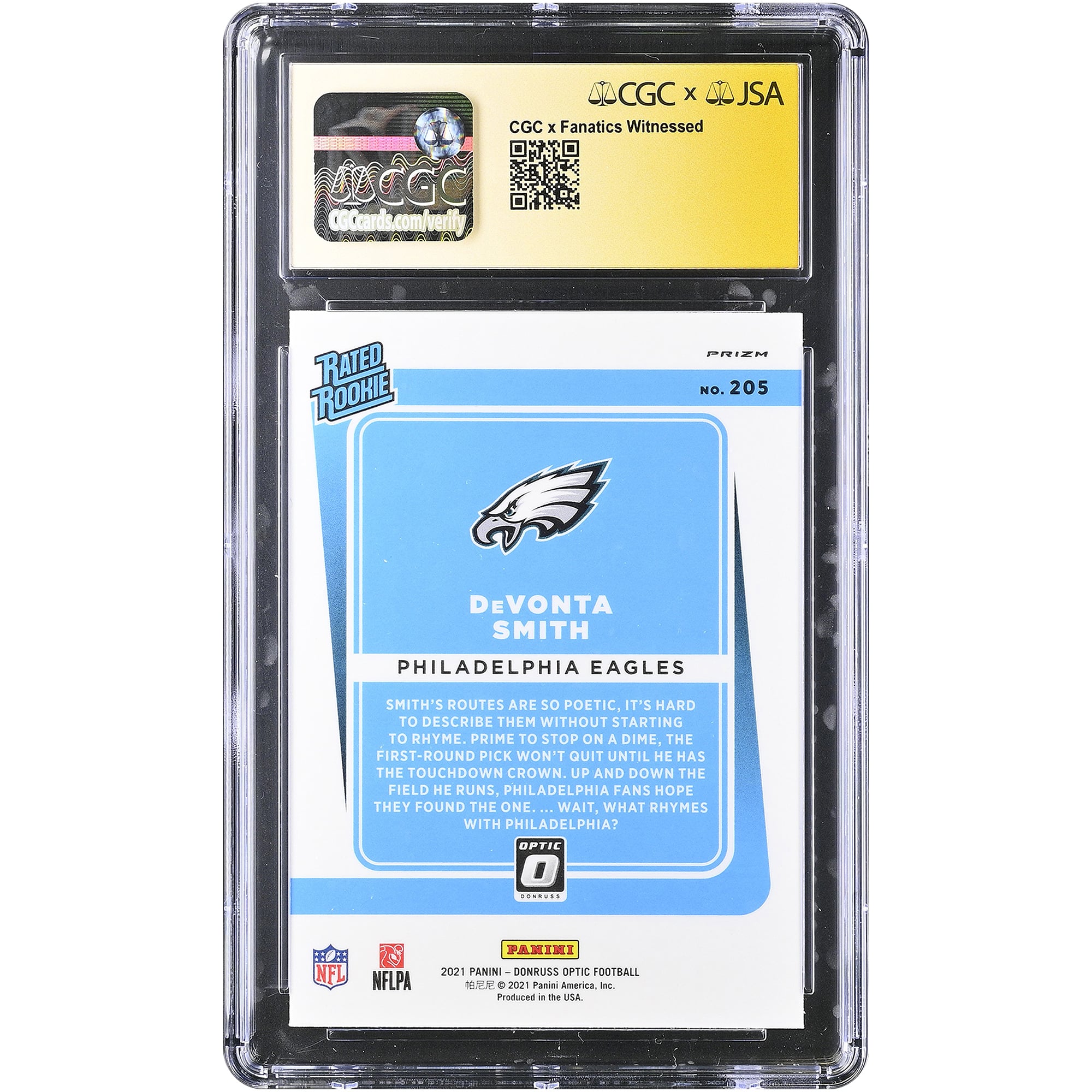 DeVonta Smith Philadelphia Eagles Autographed 2021 Donruss Optic Blue Hyper #205 CGC Fanatics Witnessed Authenticated 9/10 Rookie Card