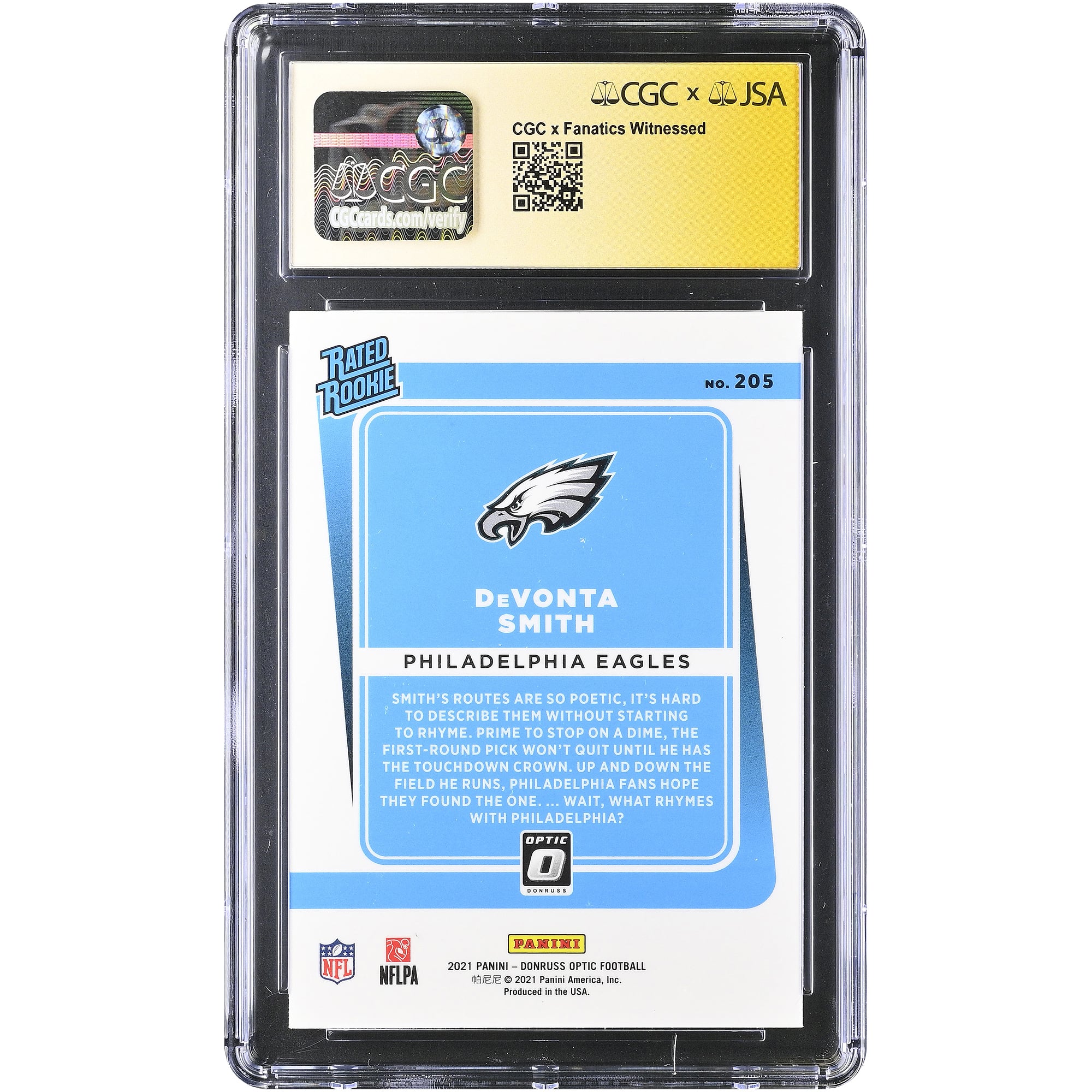 Carte de recrue autographiée de DeVonta Smith (Philadelphia Eagles), série Donruss Optic 2021, numéro 205