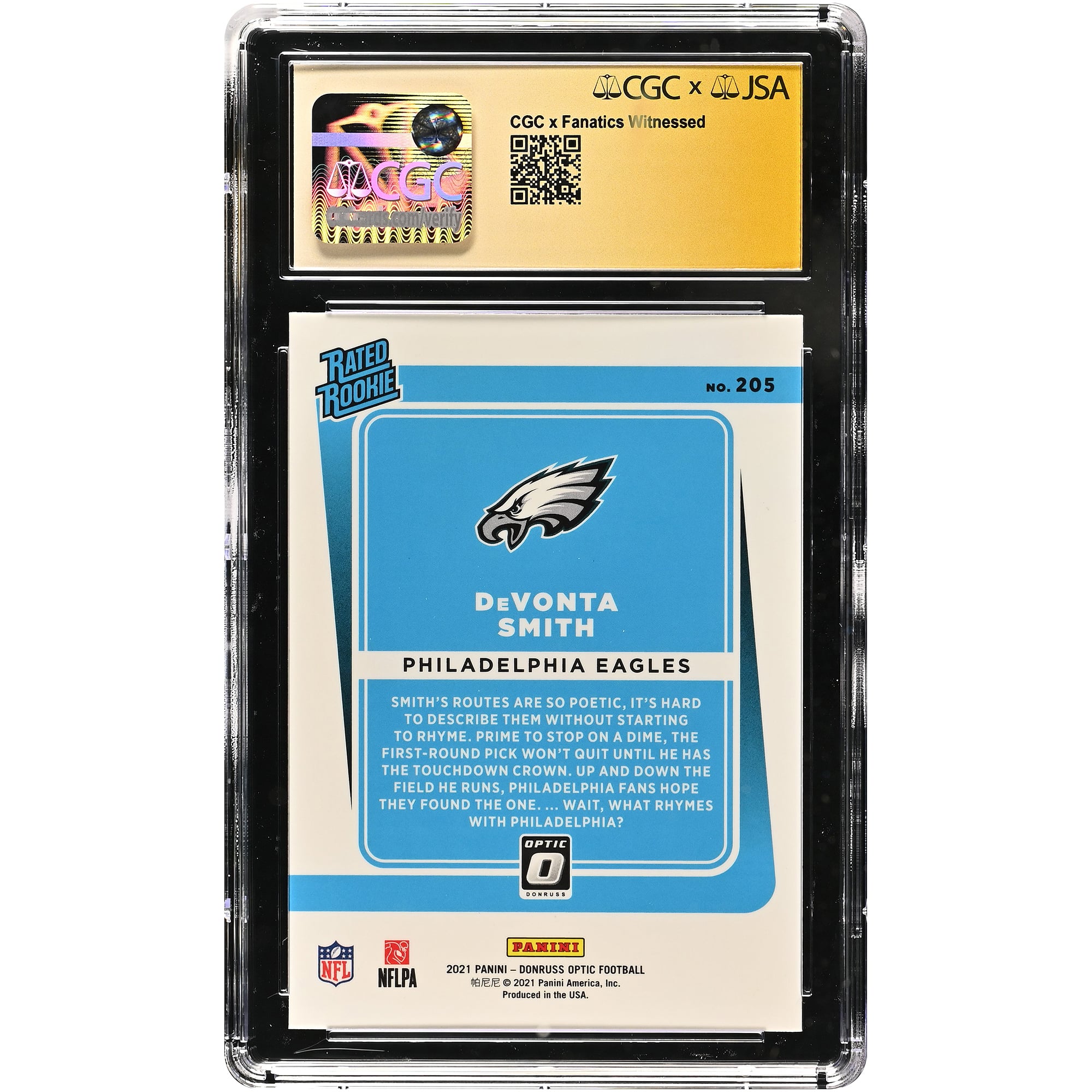 DeVonta Smith Philadelphia Eagles Autographed 2021 Donruss Optic #205 CGC Fanatics Witnessed Authenticated /10 Rookie Card