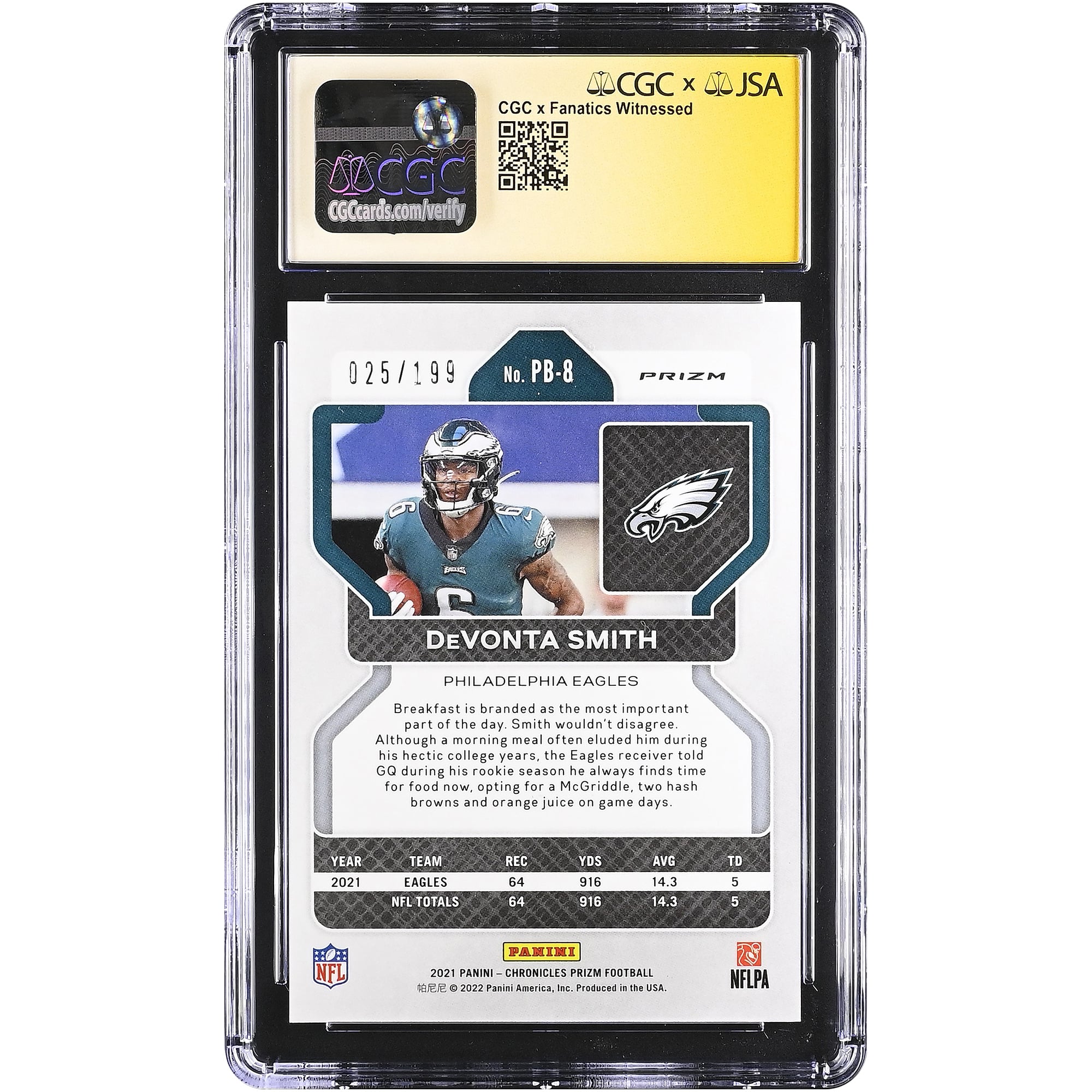 DeVonta Smith Philadelphia Eagles Autographed 2021 Panini Chronicles Prizm Black Purple #PB-8 #/199 CGC Fanatics Witnessed Authenticated 9.5/10 Rookie Card