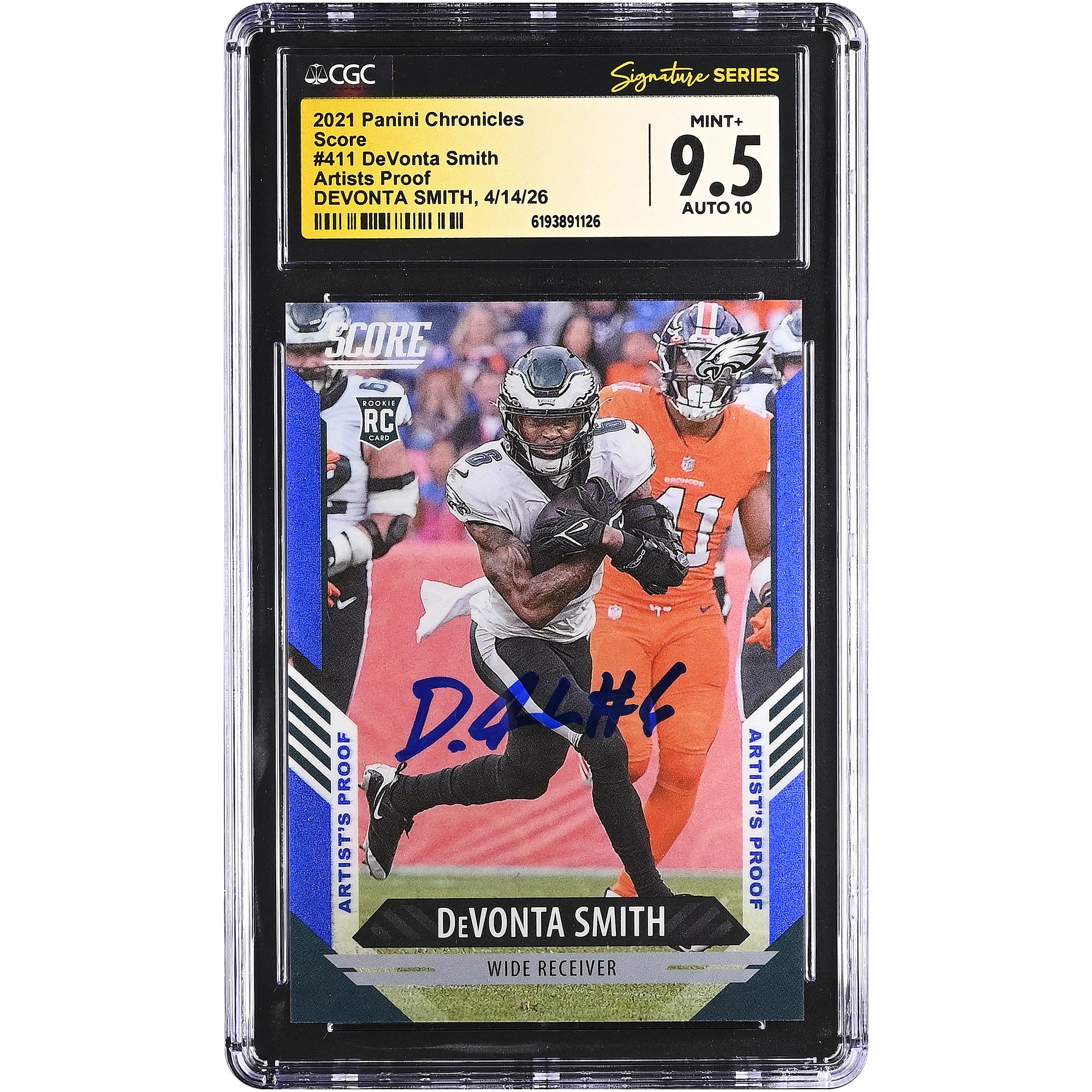 DeVonta Smith Philadelphia Eagles Autographed 2021 Panini Chronicles Score Artists Proof #411 #/35 CGC Fanatics Witnessed Authenticated 9.5/10 Rookie Card