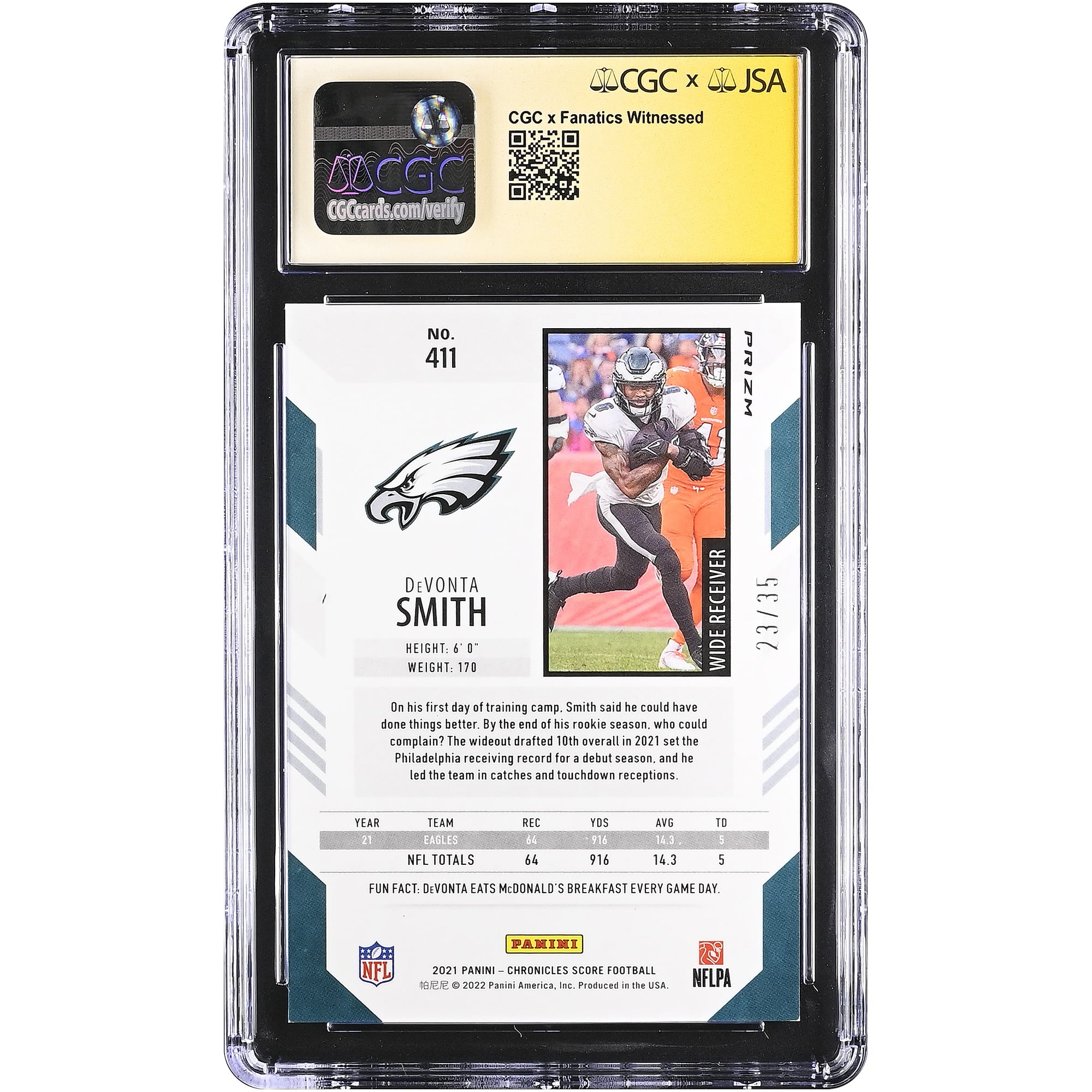 DeVonta Smith Philadelphia Eagles Autographed 2021 Panini Chronicles Score Artists Proof #411 #/35 CGC Fanatics Witnessed Authenticated 9.5/10 Rookie Card