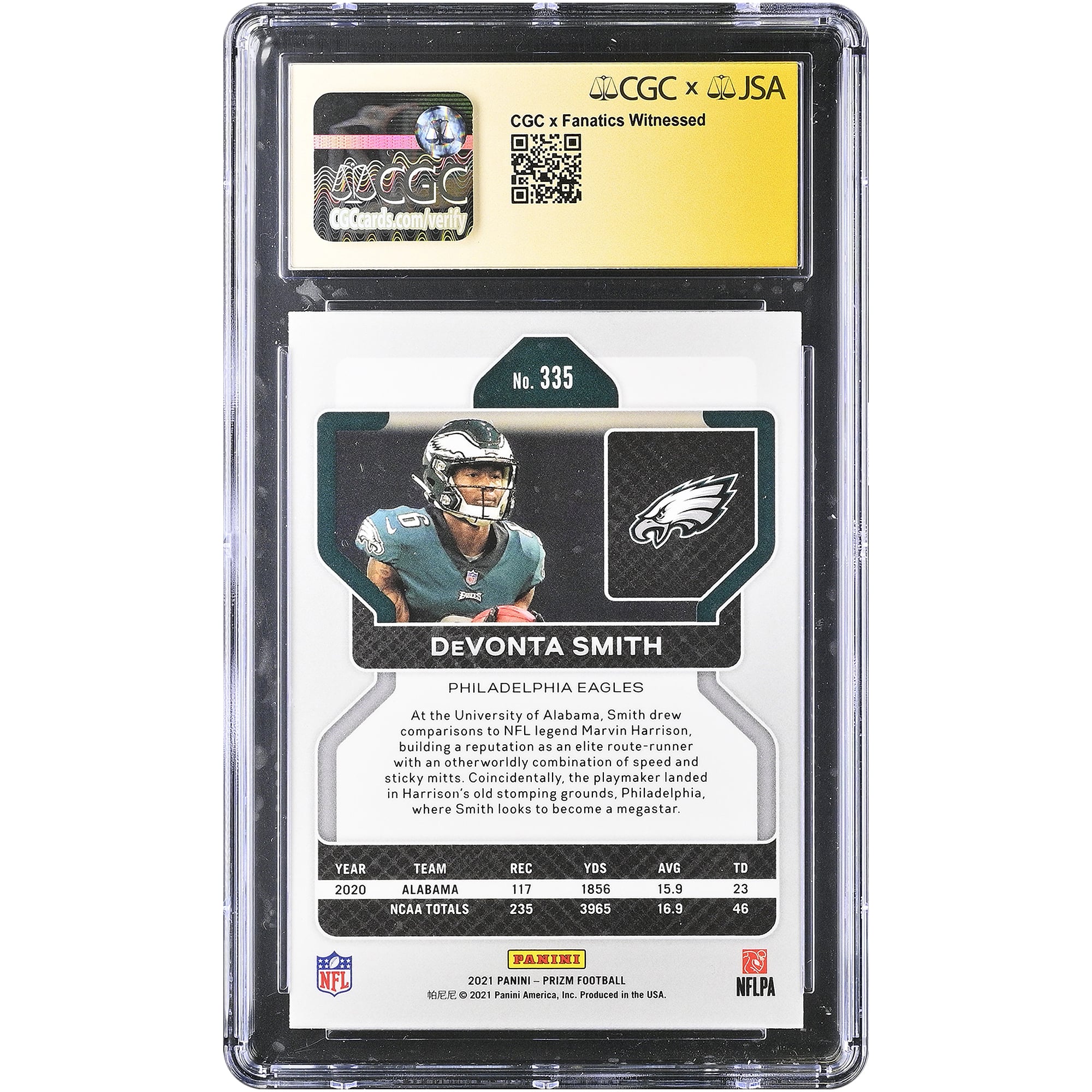 DeVonta Smith Philadelphia Eagles Autographed 2021 Panini Prizm #335 CGC Fanatics Witnessed Authenticated /10 Rookie Card