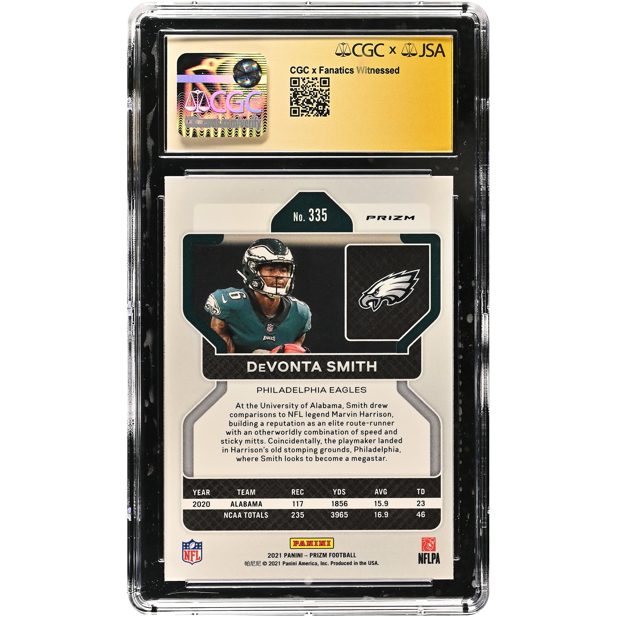 Carte recrue autographiée de DeVonta Smith (Philadelphia Eagles), Panini Prizm 2021 n° 335, authentifiée par CGC Fanatics Witnessed (note 9,5/10).