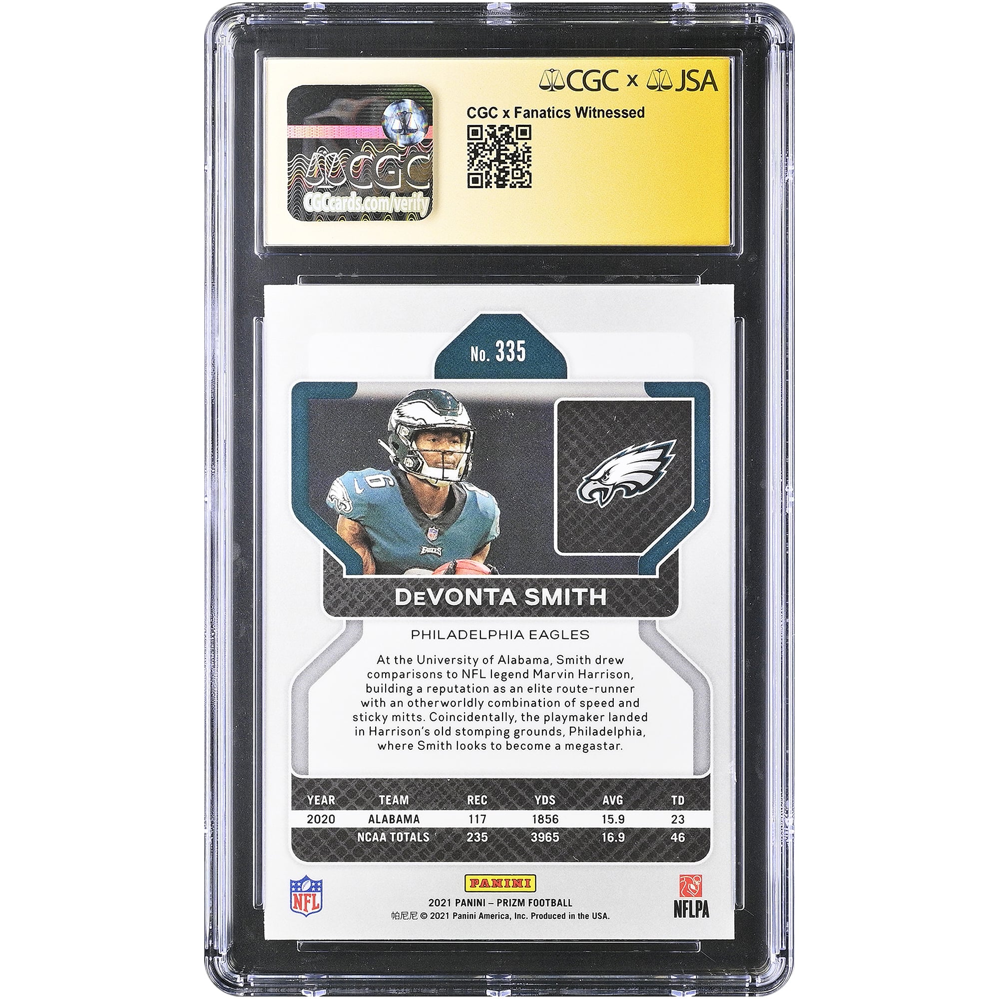 DeVonta Smith Philadelphia Eagles Autographed 2021 Panini Prizm #335 CGC Fanatics Witnessed Authenticated AUTO 10 Rookie Card