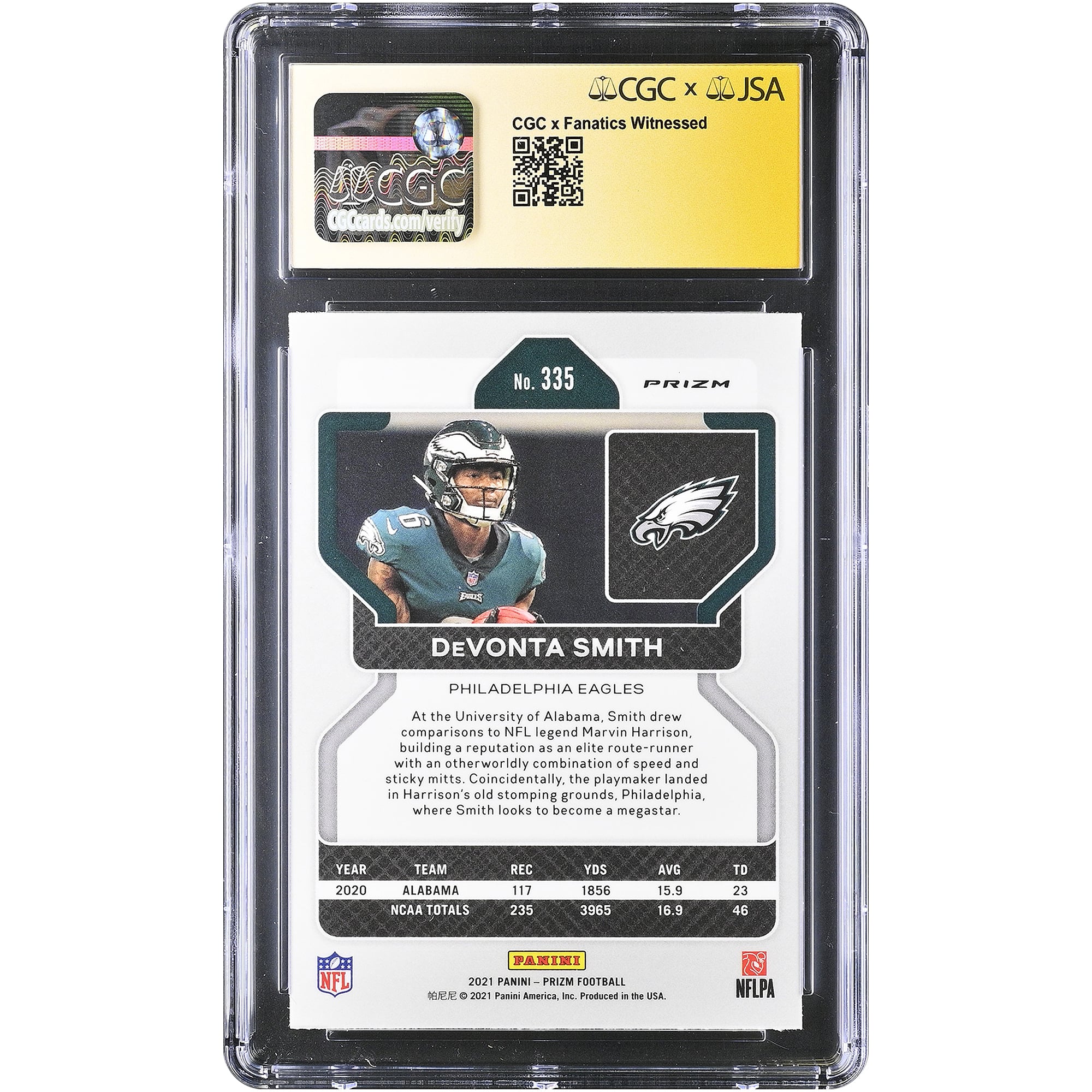 DeVonta Smith Philadelphia Eagles Autographed 2021 Panini Prizm Red White & Blue #335 CGC Fanatics Witnessed Authenticated AUTO 10 Rookie Card