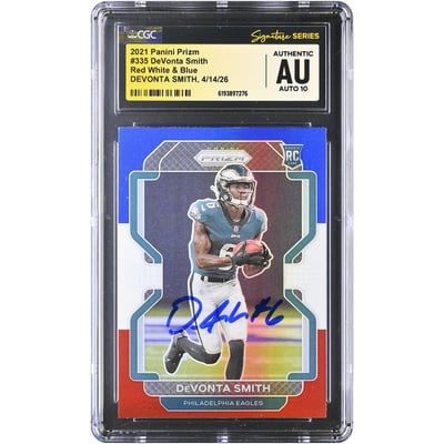 DeVonta Smith Philadelphia Eagles Autographed 2021 Panini Prizm Red White & Blue #335 CGC Fanatics Witnessed Authenticated AUTO 10 Rookie Card