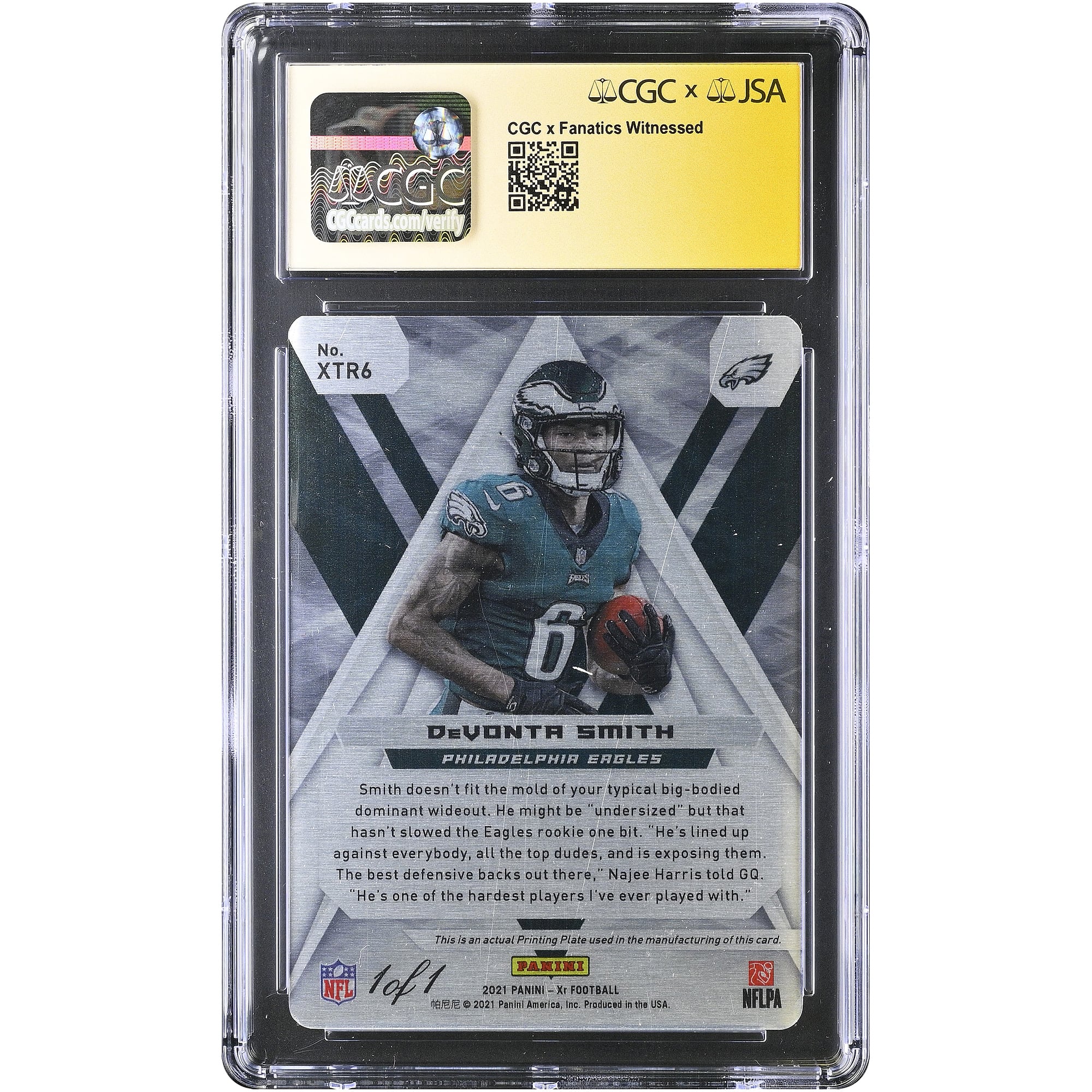 DeVonta Smith Philadelphia Eagles Autographed 2021 Panini XR Xtreme Rookies Cyan Printing Plate #XTR6 #1/1 CGC Fanatics Witnessed Authenticated 9/10 Rookie Card