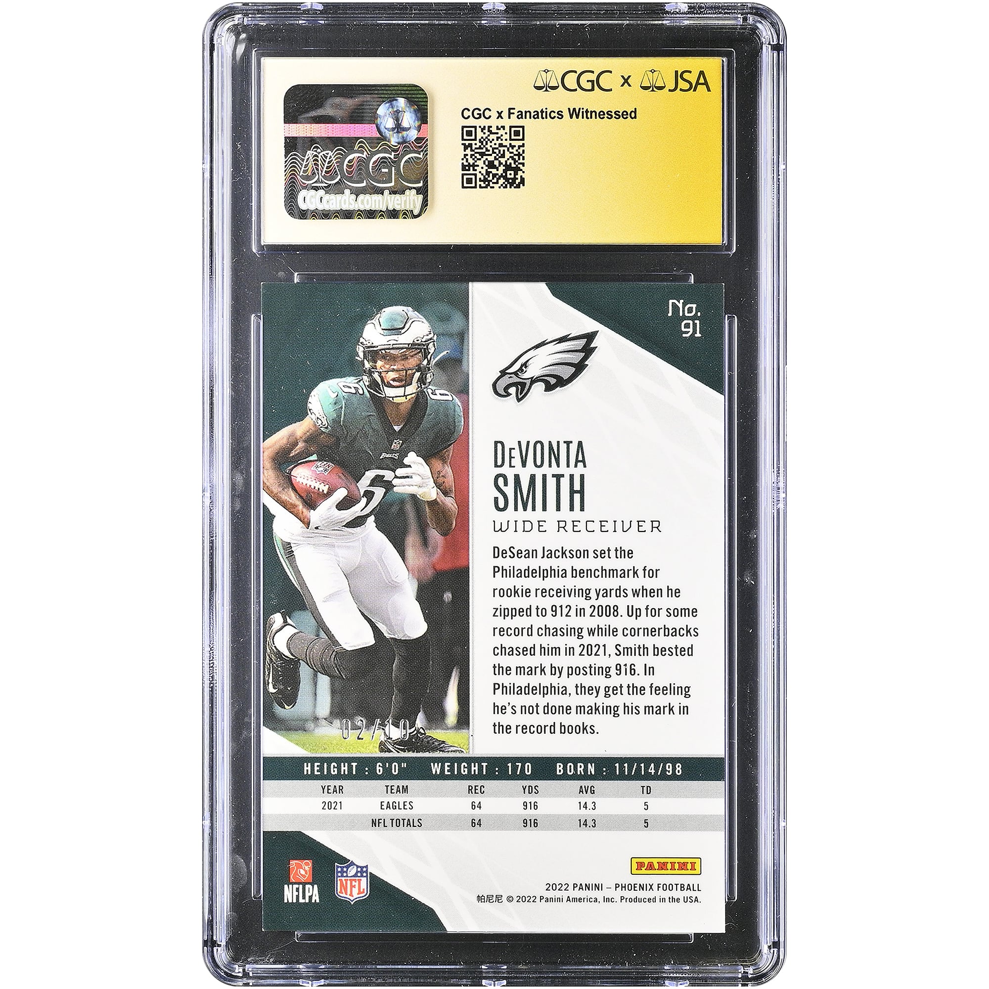 DeVonta Smith Philadelphia Eagles Autographed 2022 Panini Phoenix Black #91 #/10 CGC Fanatics Witnessed Authenticated 9/10 Card