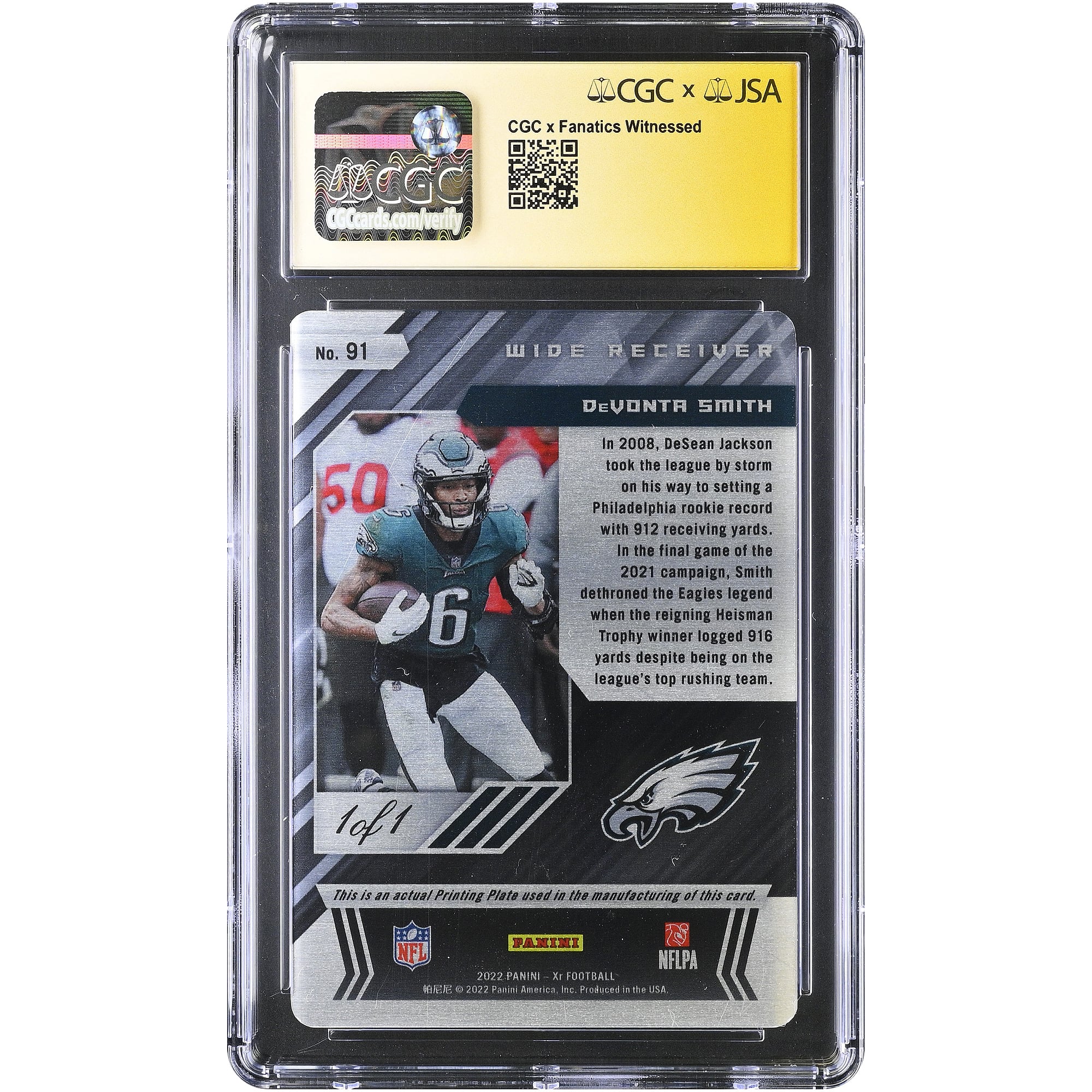 DeVonta Smith Philadelphia Eagles Autographed 2022 Panini XR Printing Plate Yellow #91 #1/1 CGC Fanatics Witnessed Authenticated 9/10 Card