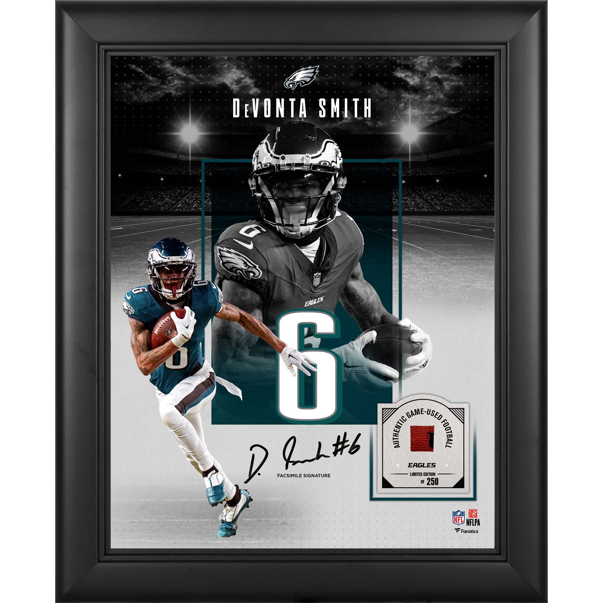 Collage encadré 11 x 14 pouces, signature fac-similé de DeVonta Smith (Philadelphia Eagles), avec un morceau de ballon de football américain utilisé en match - Édition limitée à 250 exemplaires