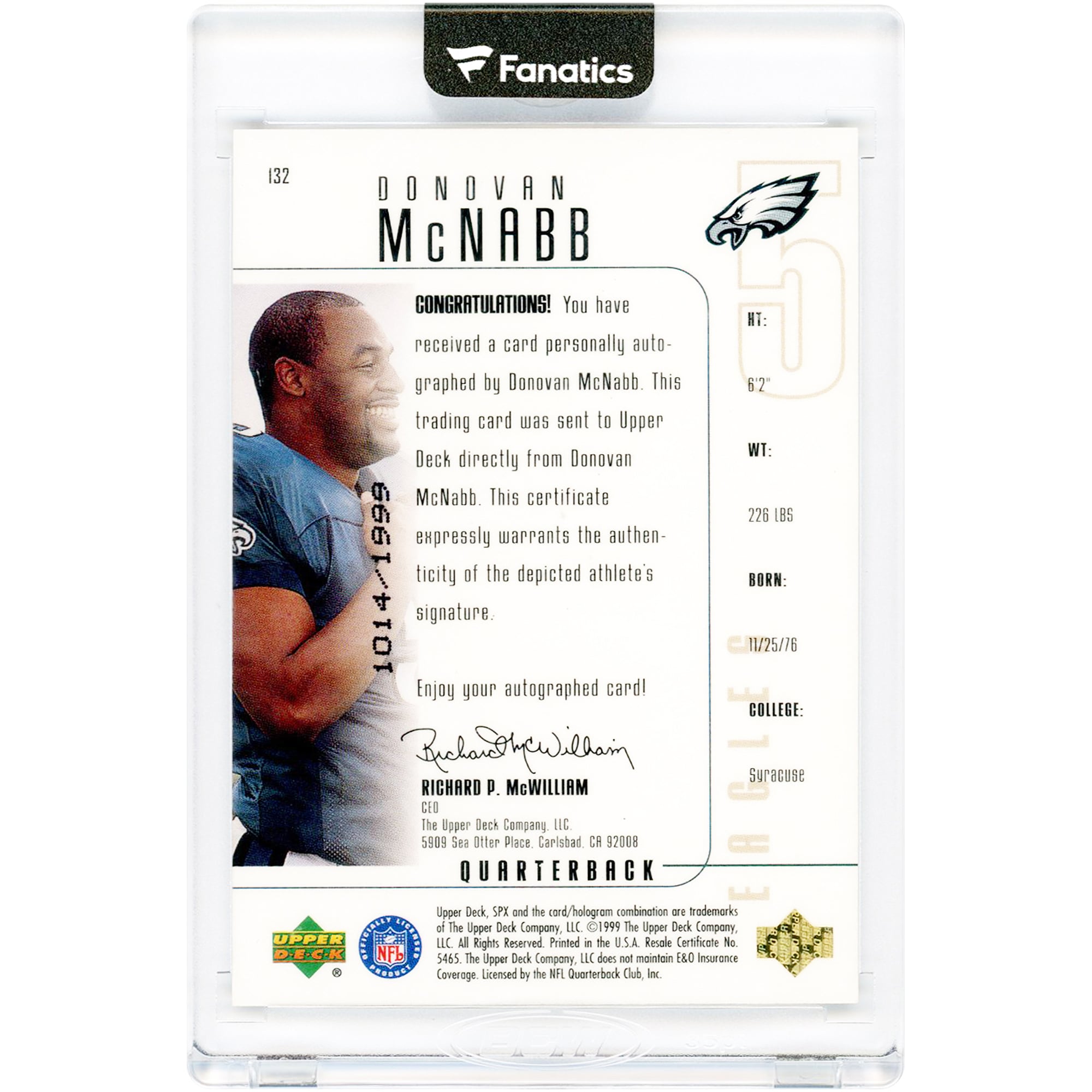 Carte de recrue autographiée de Donovan McNabb (Eagles de Philadelphie), 1999, Upper Deck SPx n° 132, n° 1014/1999